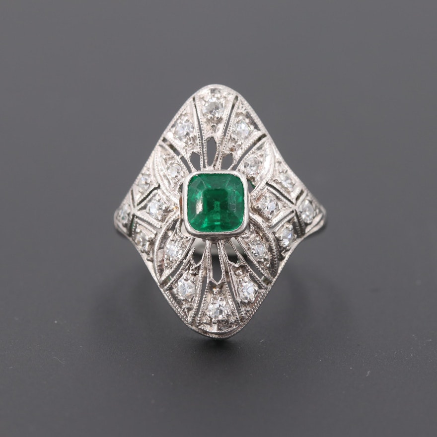 Art Deco Platinum Synthetic Emerald and Diamond Ring