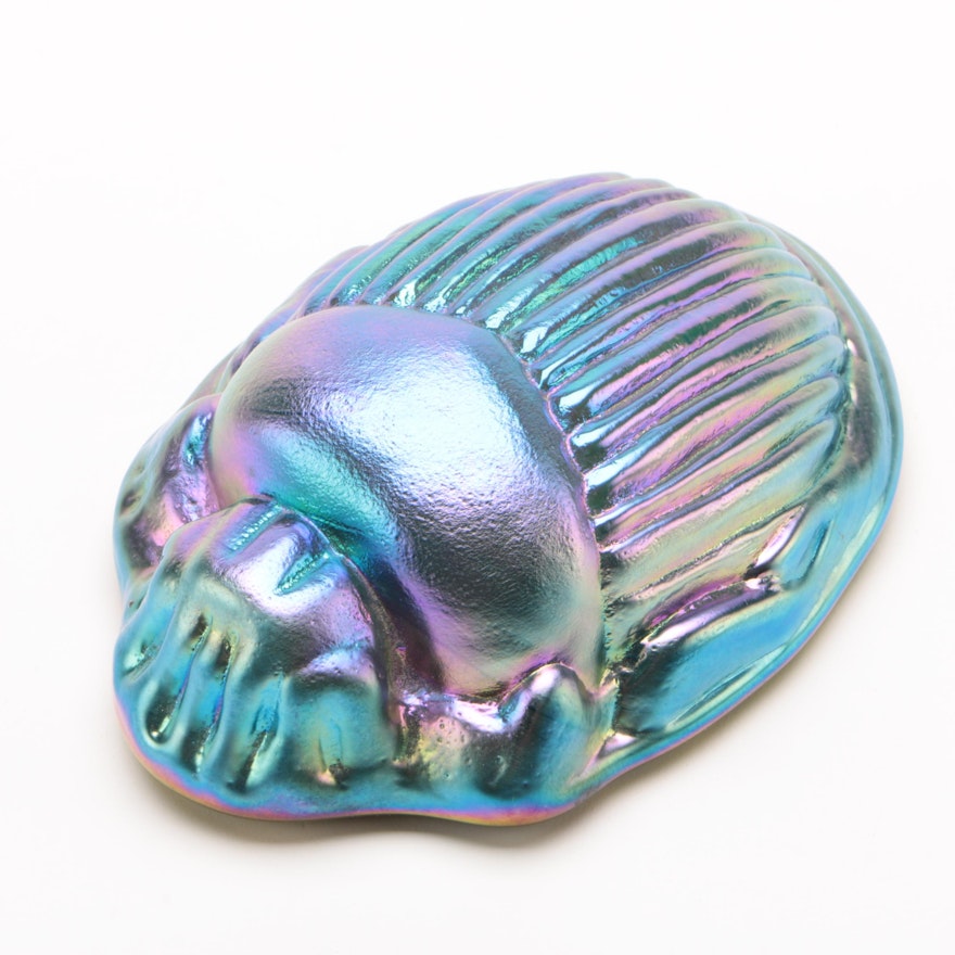 Tiffany Inspired Blue Iridescent Glass Scarab Paperweight