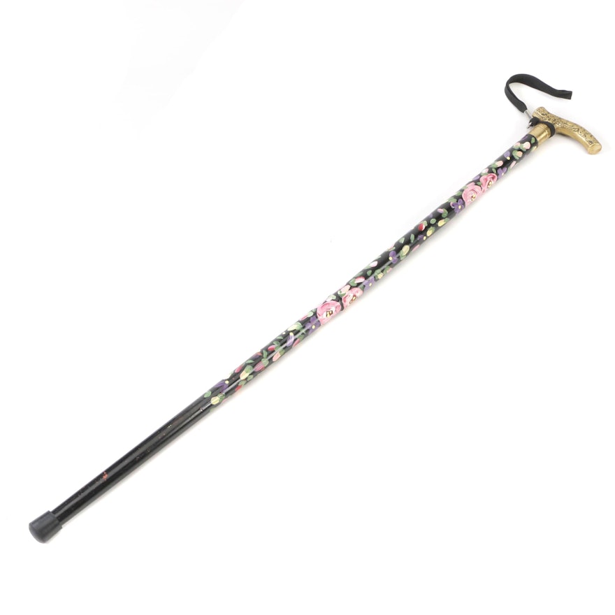 Handpainted Walking Stick with Embossed Brass Handle