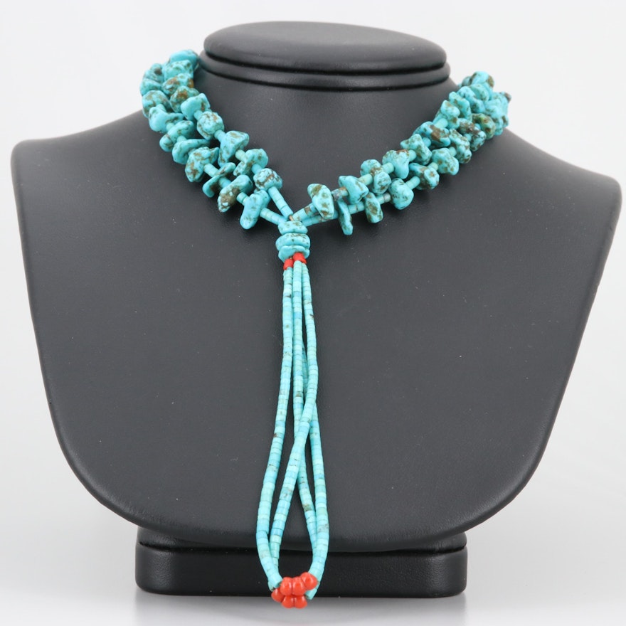 Southwestern Style Sterling Heshi and Nugget Turquoise and Coral Jacla Necklace