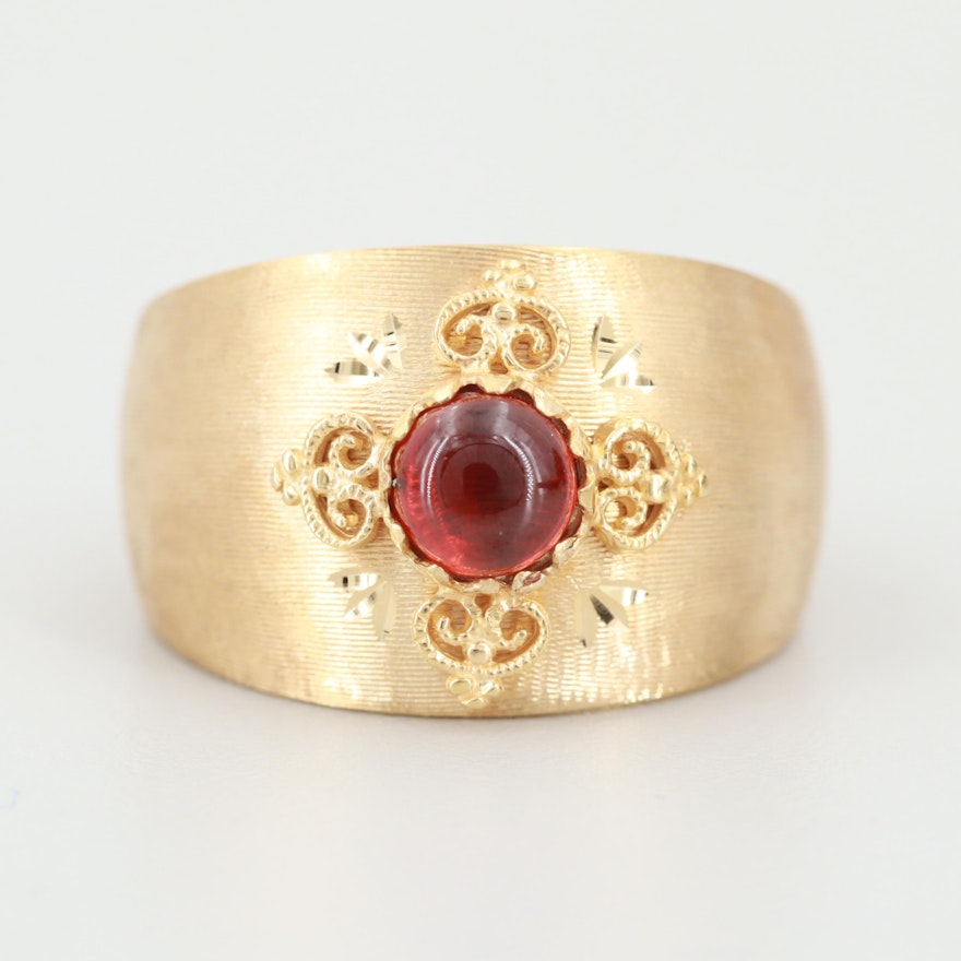 Italian 14K Yellow Gold Garnet Ring with Textured Accents