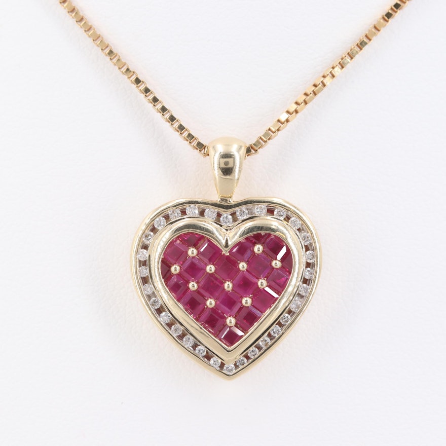14K Yellow Gold Ruby and Diamond Heart Pendant Necklace