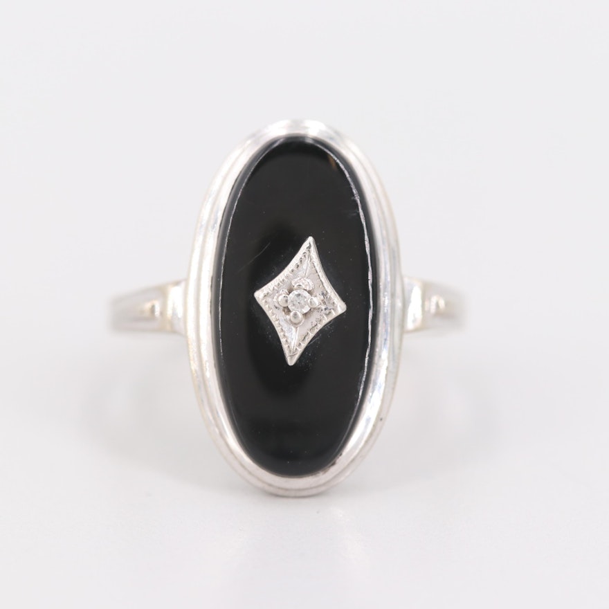 Vintage Harmony Wedding Ring Co. 10K White Gold Diamond and Black Onyx Ring