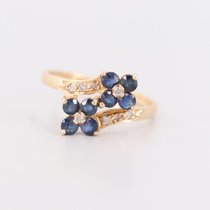 14K Yellow Gold Blue Sapphire and Diamond Bypass Flower Motif Ring