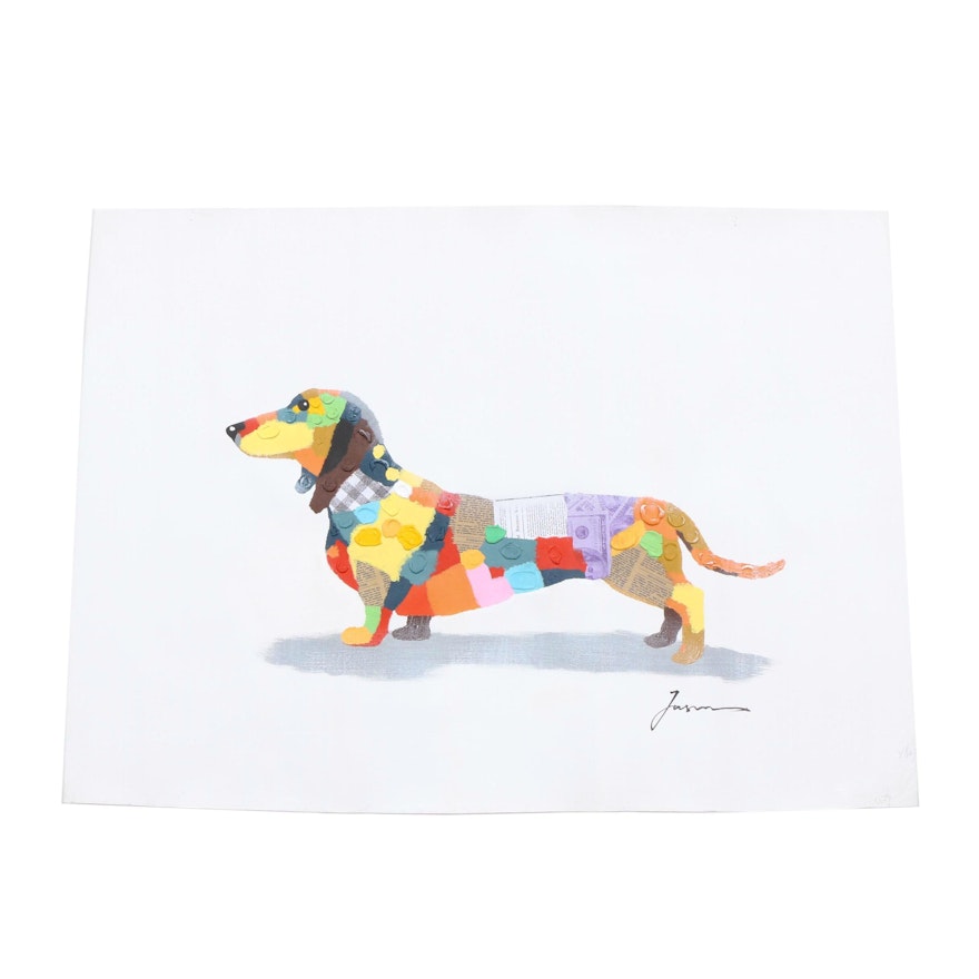 Contemporary Mixed Media Painting of Dachshund Dog