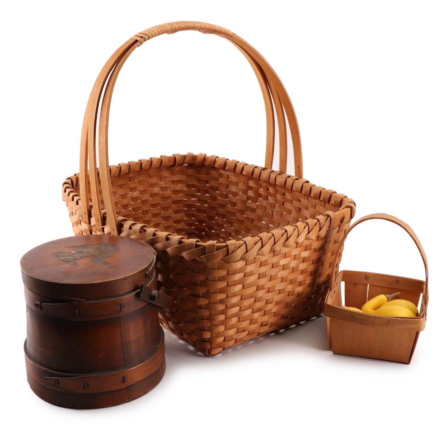 Woven Baskets, Shaker Style Box with Carved Squirrel Lid and Faux Gourds