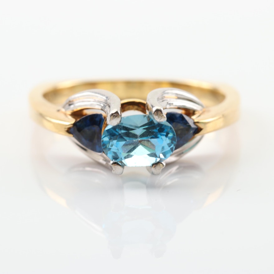 18K Yellow Gold Platinum Blue Topaz and Sapphire Ring