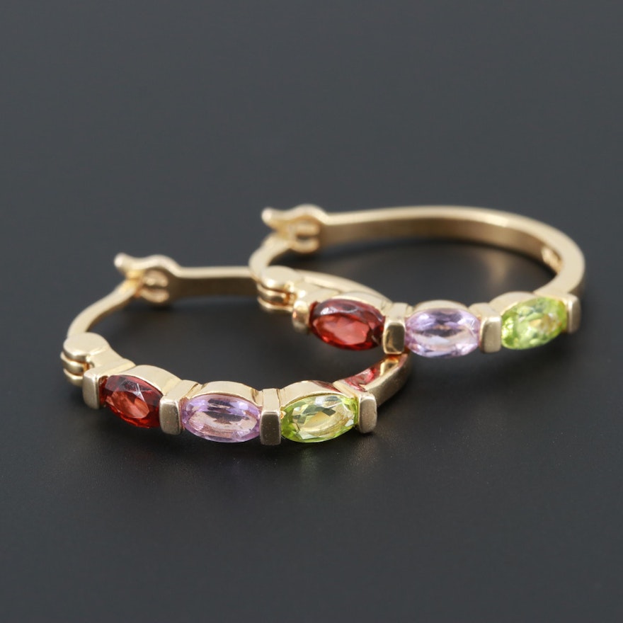 Gold Wash on Sterling Silver Garnet, Amethyst and Peridot Hoop Earrings