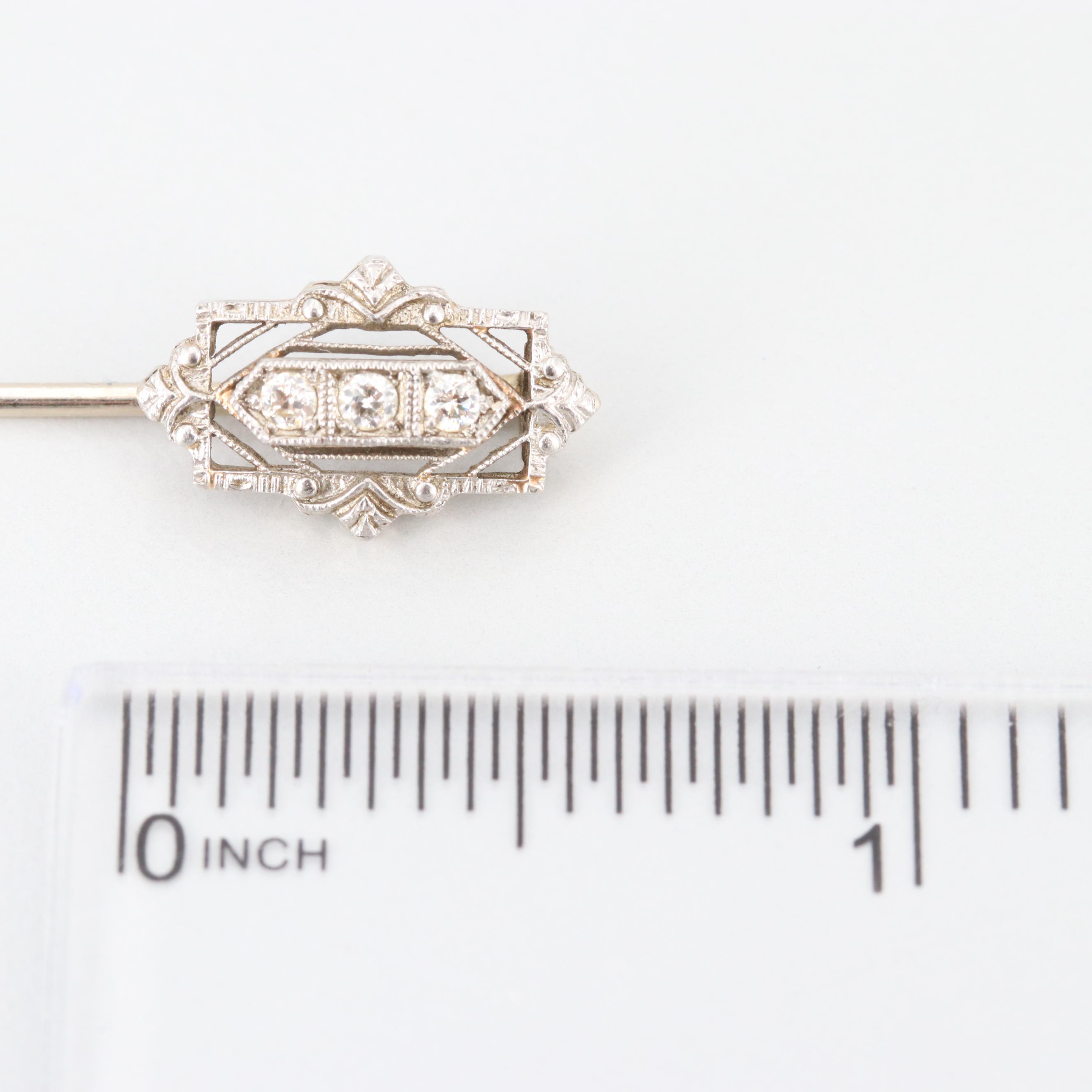 Circa 1920s 14K White Gold and Platinum Diamond Stick Pin