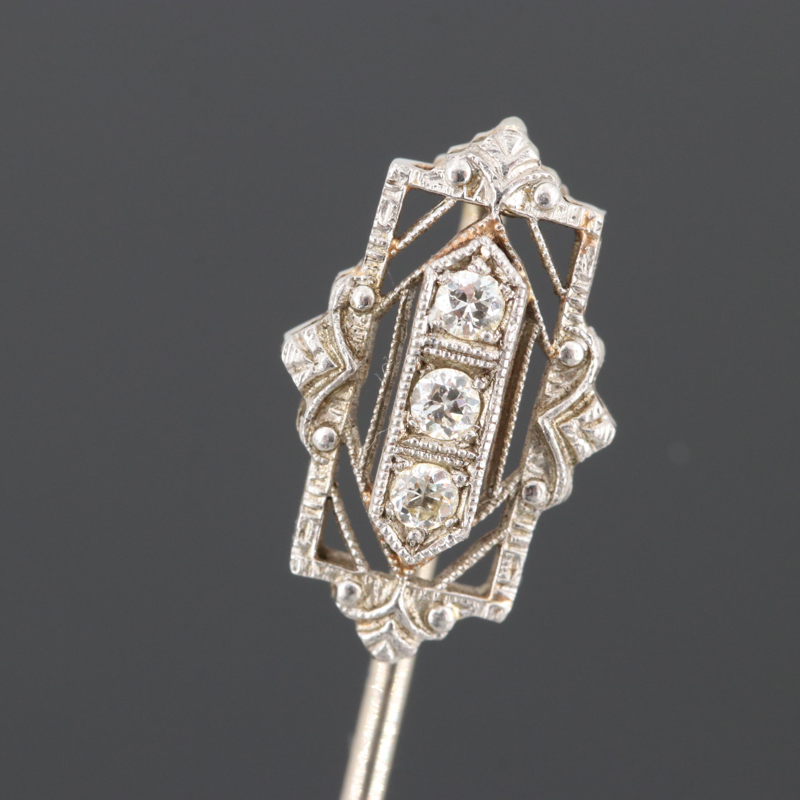 Circa 1920s 14K White Gold and Platinum Diamond Stick Pin