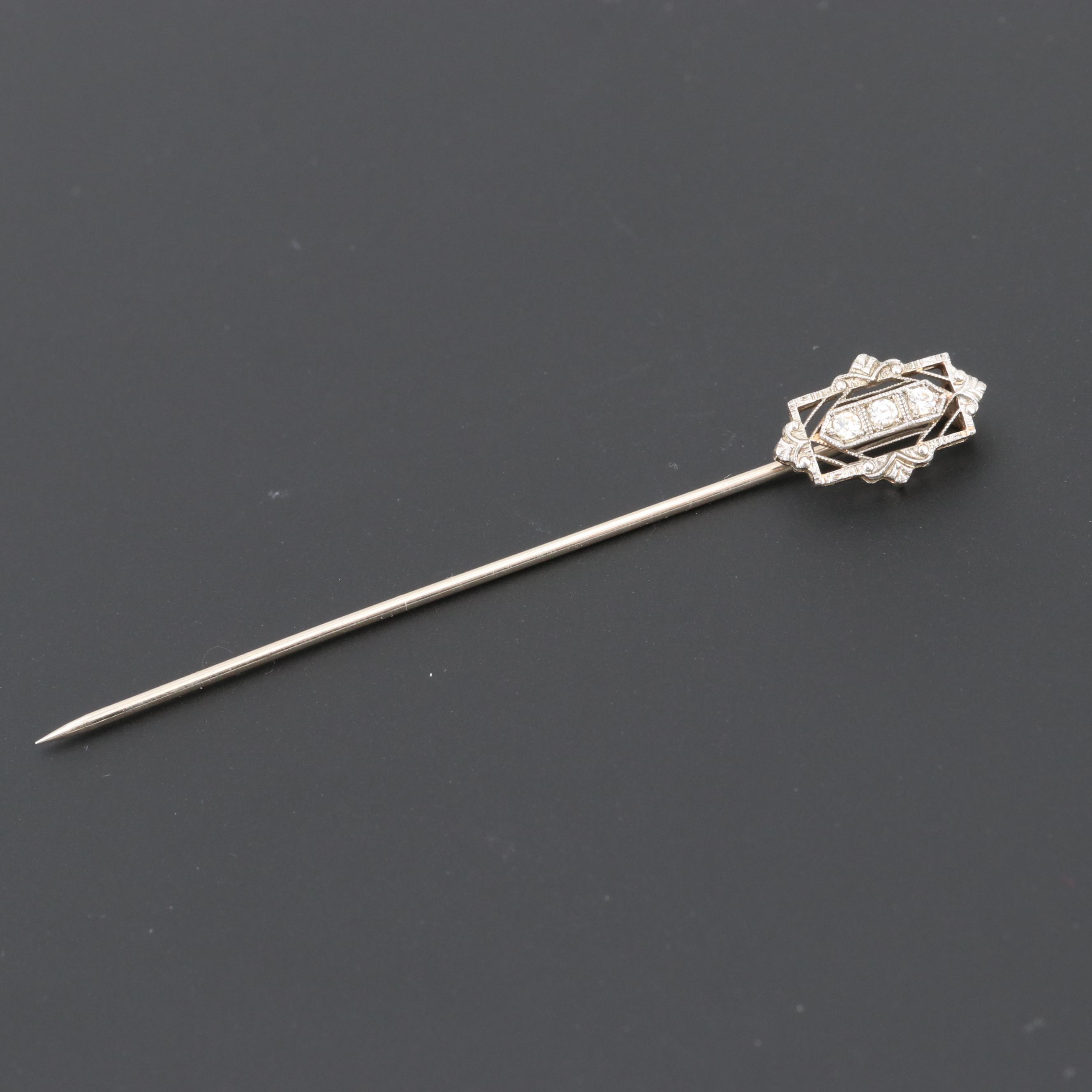 Circa 1920s 14K White Gold and Platinum Diamond Stick Pin