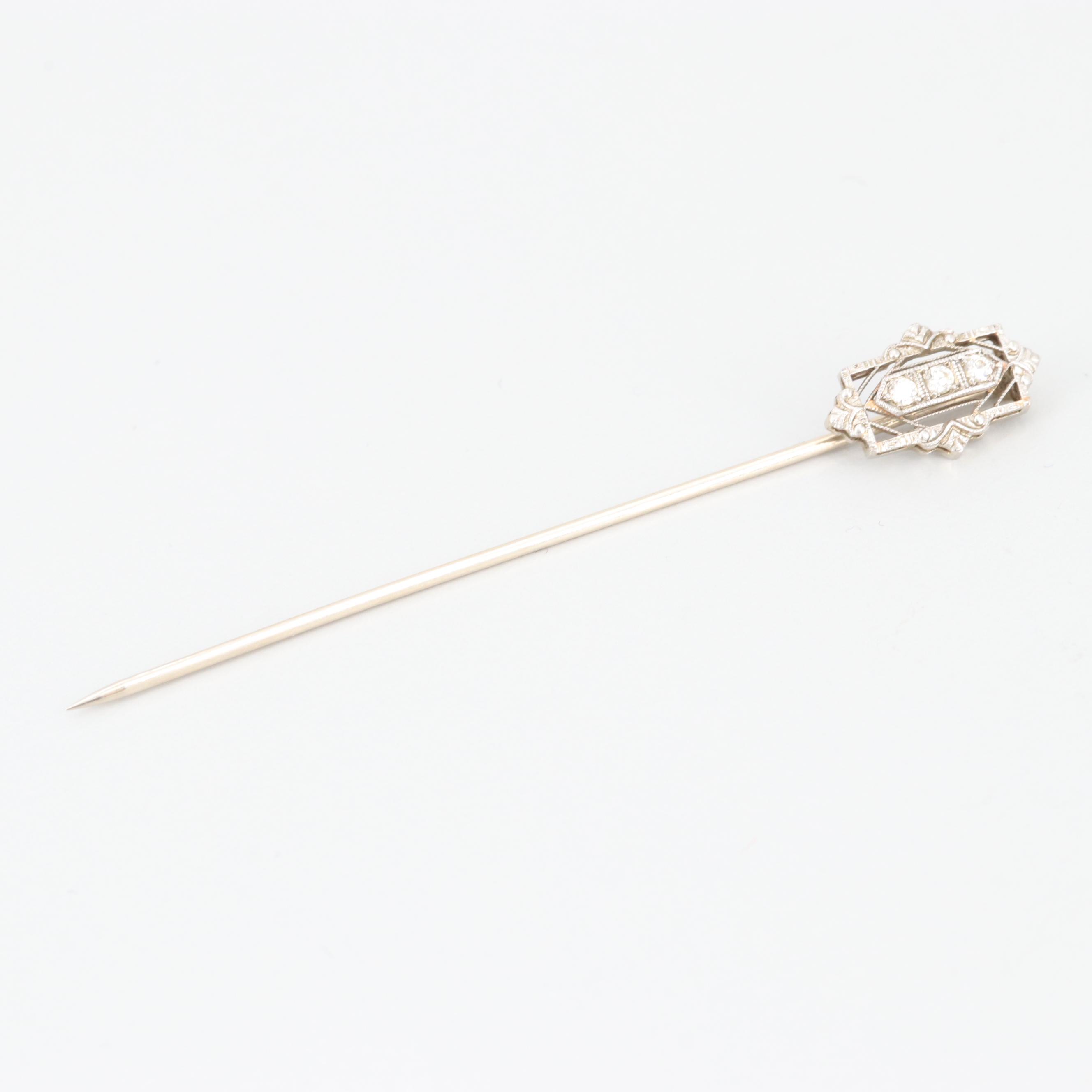 Circa 1920s 14K White Gold and Platinum Diamond Stick Pin