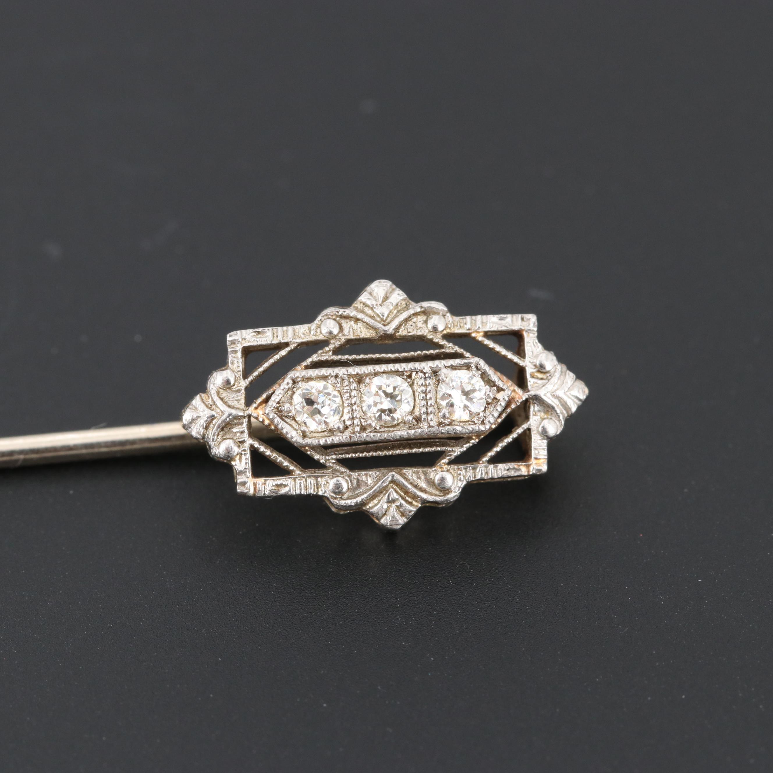 Circa 1920s 14K White Gold and Platinum Diamond Stick Pin