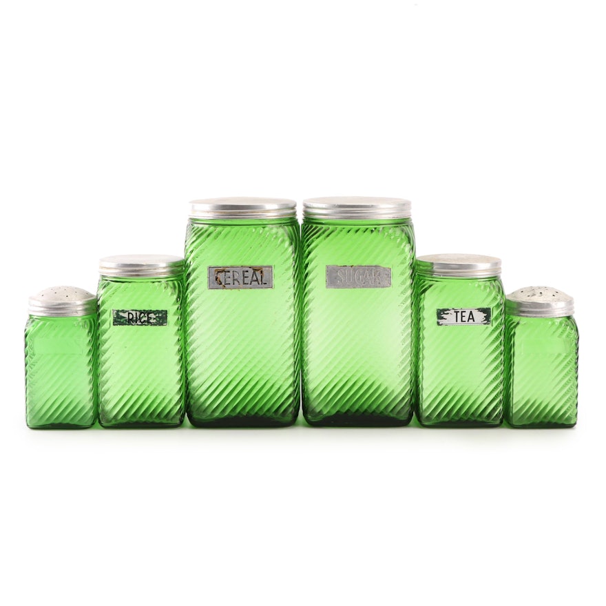 Owens-Illinois Green Depression Glass Shakers and Canisters, circa 1940