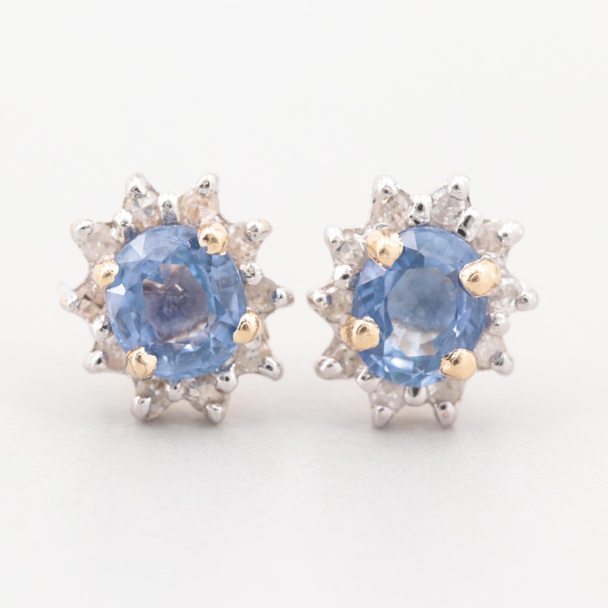 14K Yellow Gold Blue Sapphire and Diamond Earrings