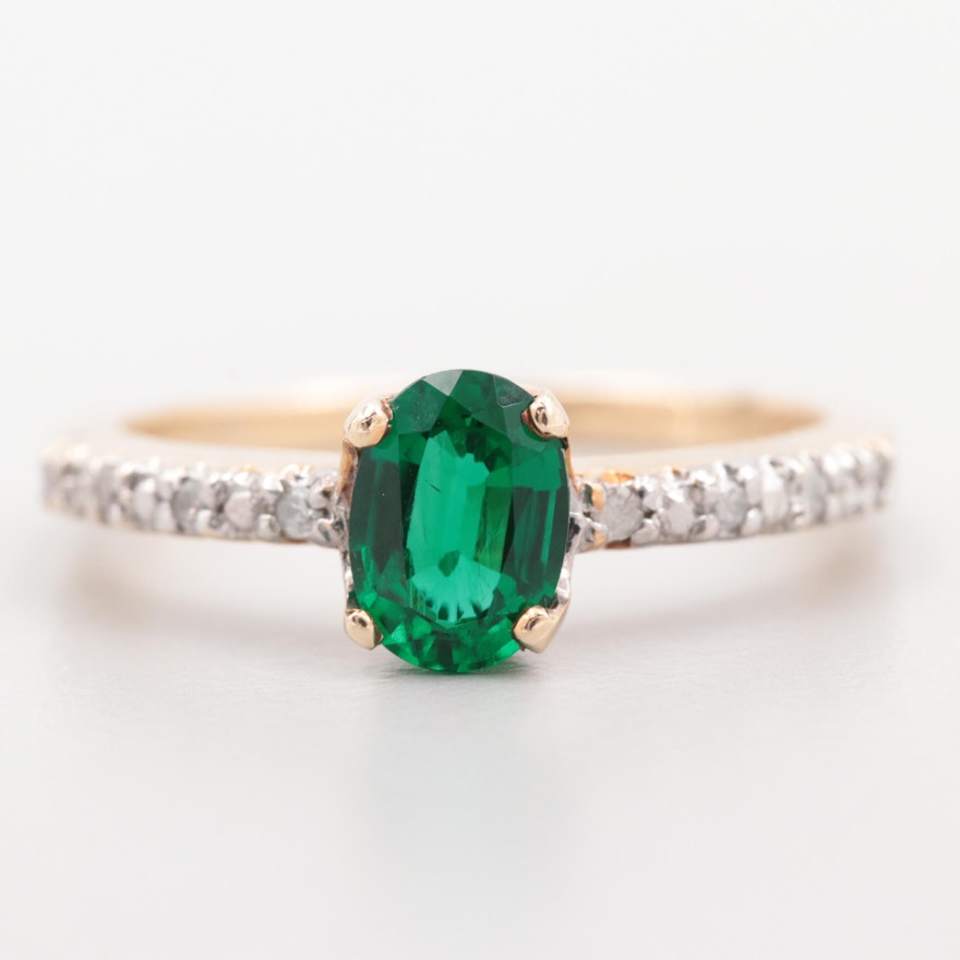 10K Yellow Gold Synthetic Emerald and Diamond Ring