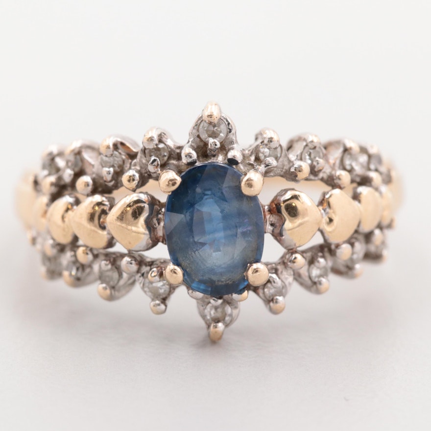 10K Yellow Gold Blue Sapphire and Diamond Ring