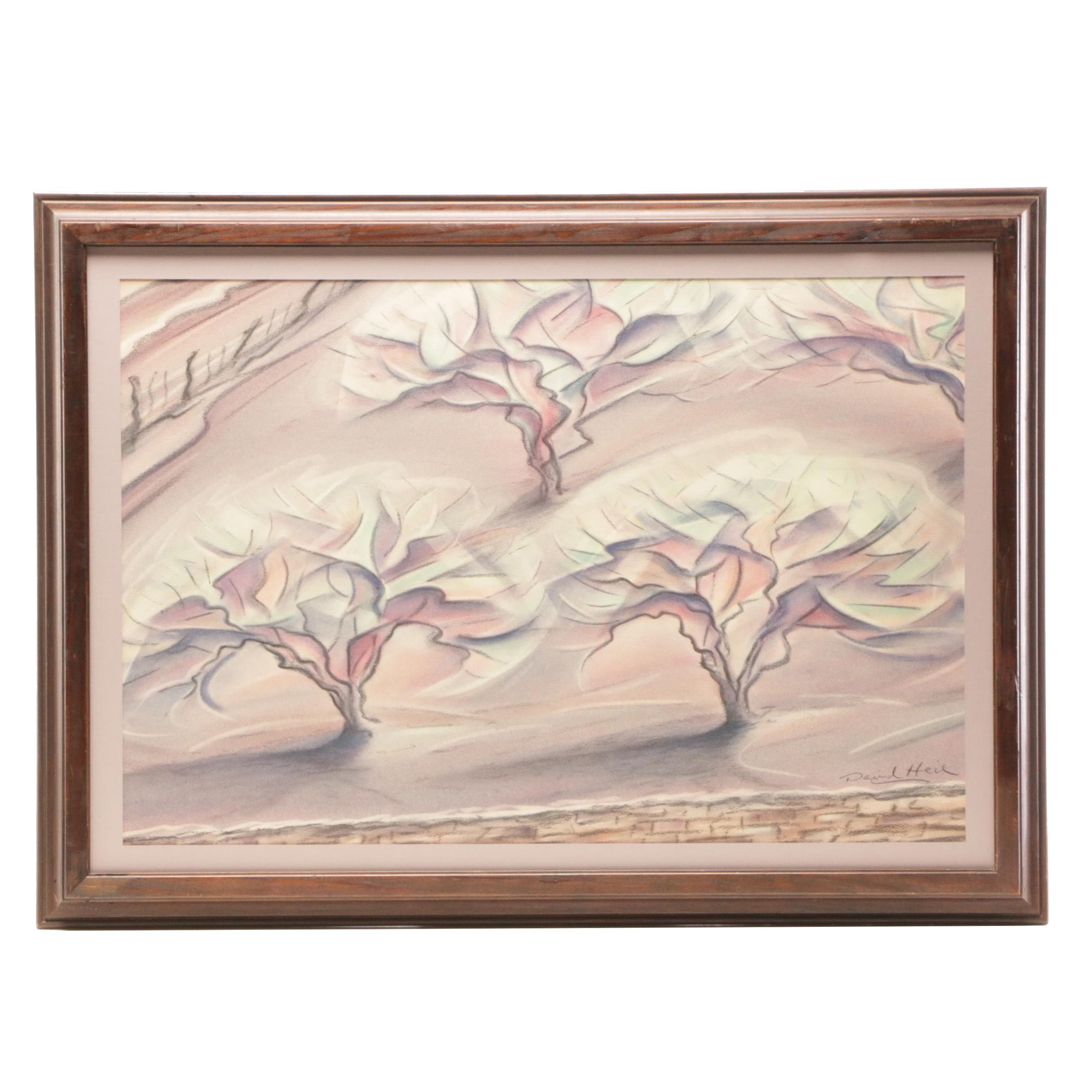 David Heil Pastel Drawing of Orchard Trees