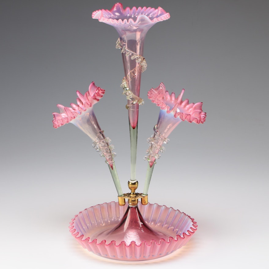 Fenton Pink Ruffled Art Glass Epergne, Late 19th/Early 20th Century
