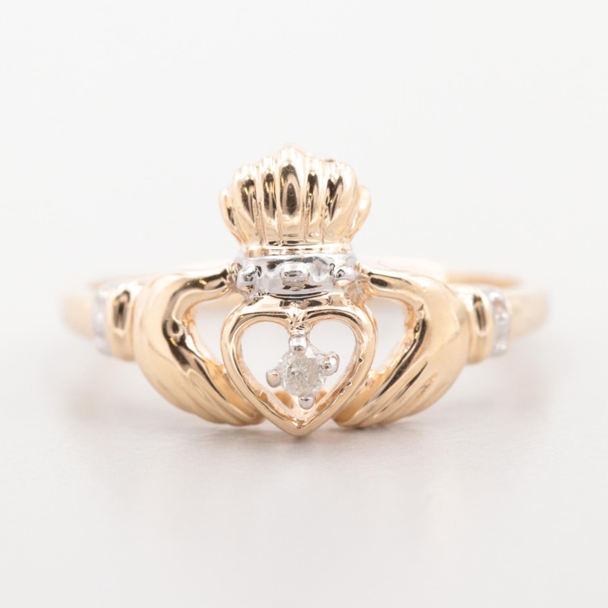 10K Yellow Gold Diamond Claddagh Ring