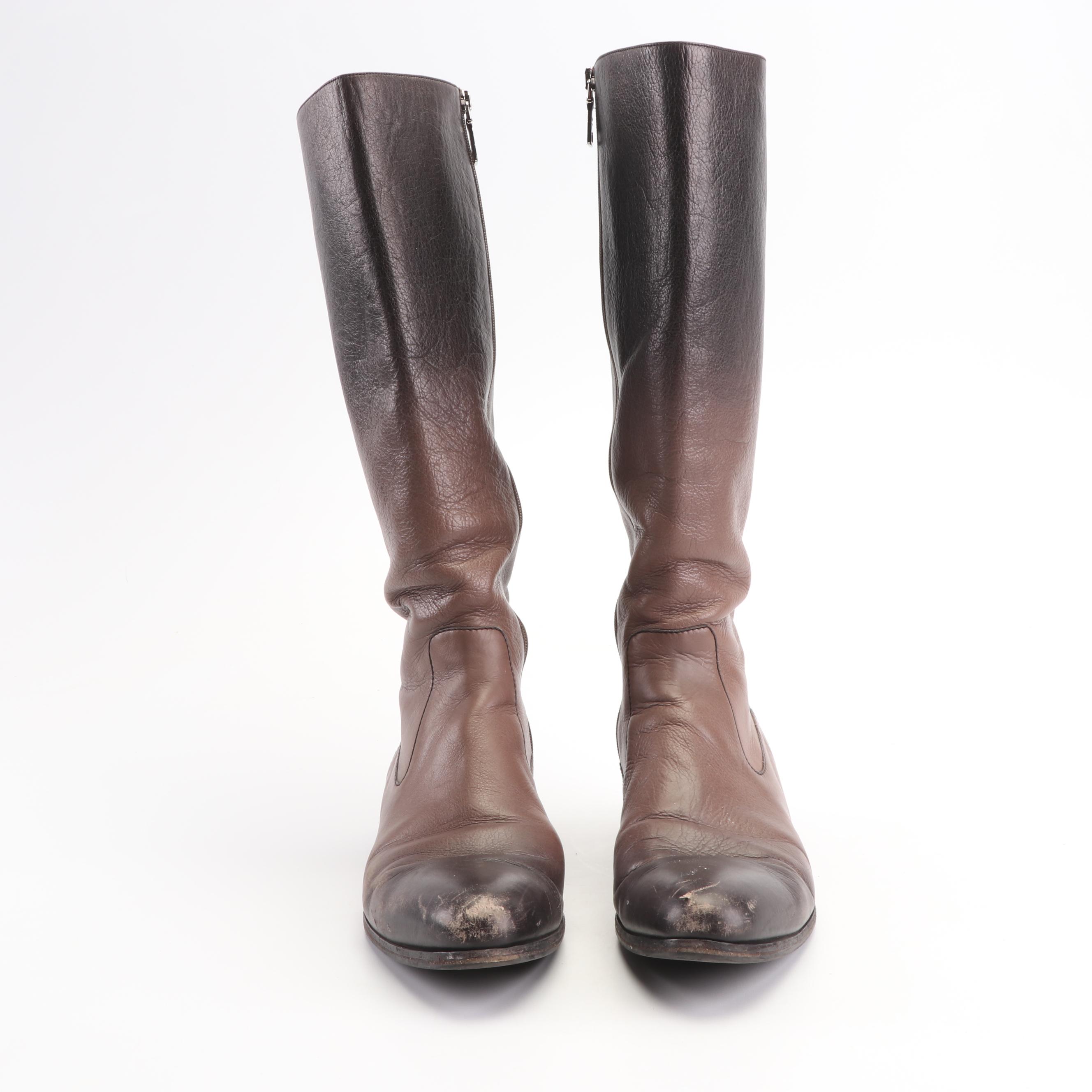 Prada Ombré Collection Brown Leather Mid-Calf Boots, Made in Italy