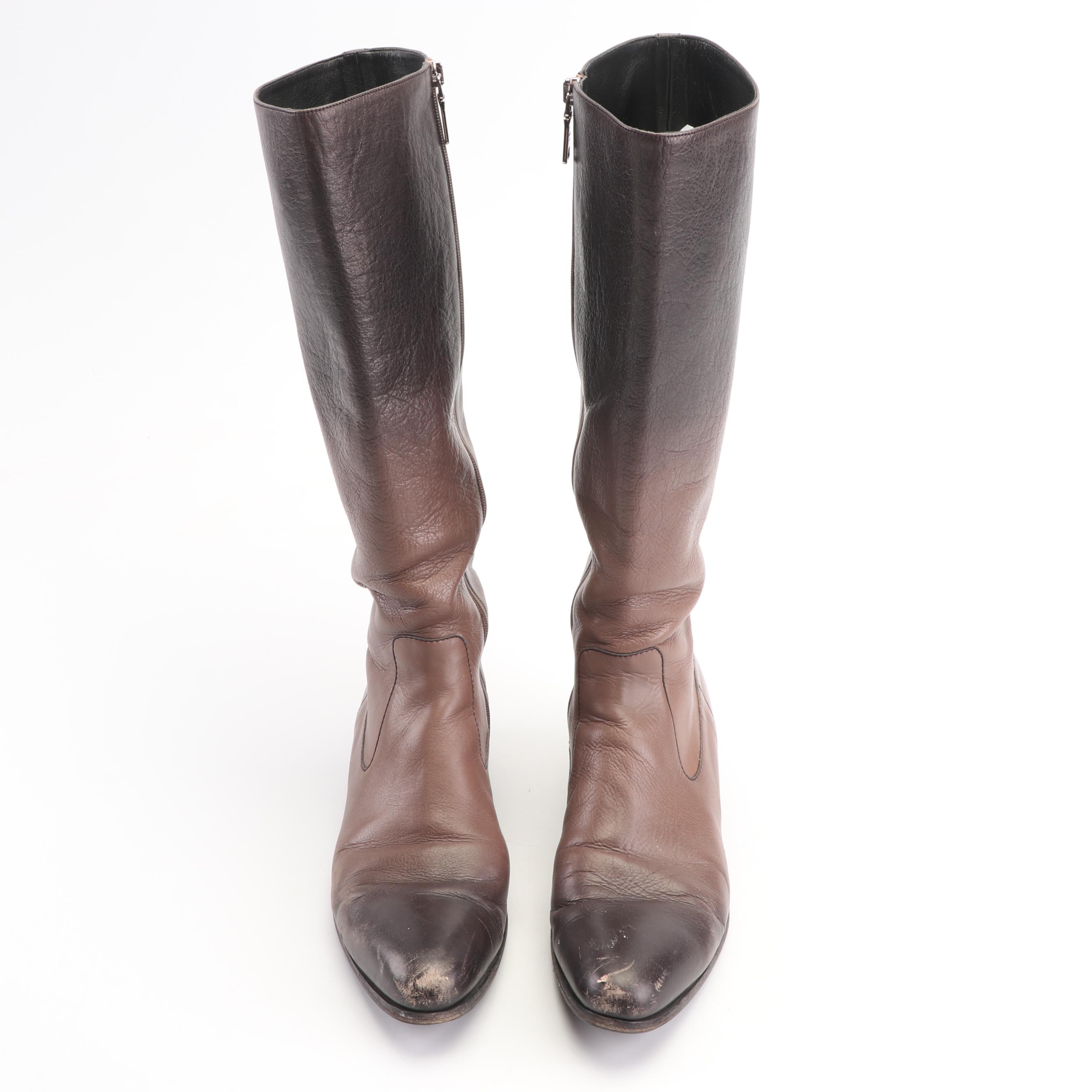 Prada Ombré Collection Brown Leather Mid-Calf Boots, Made in Italy