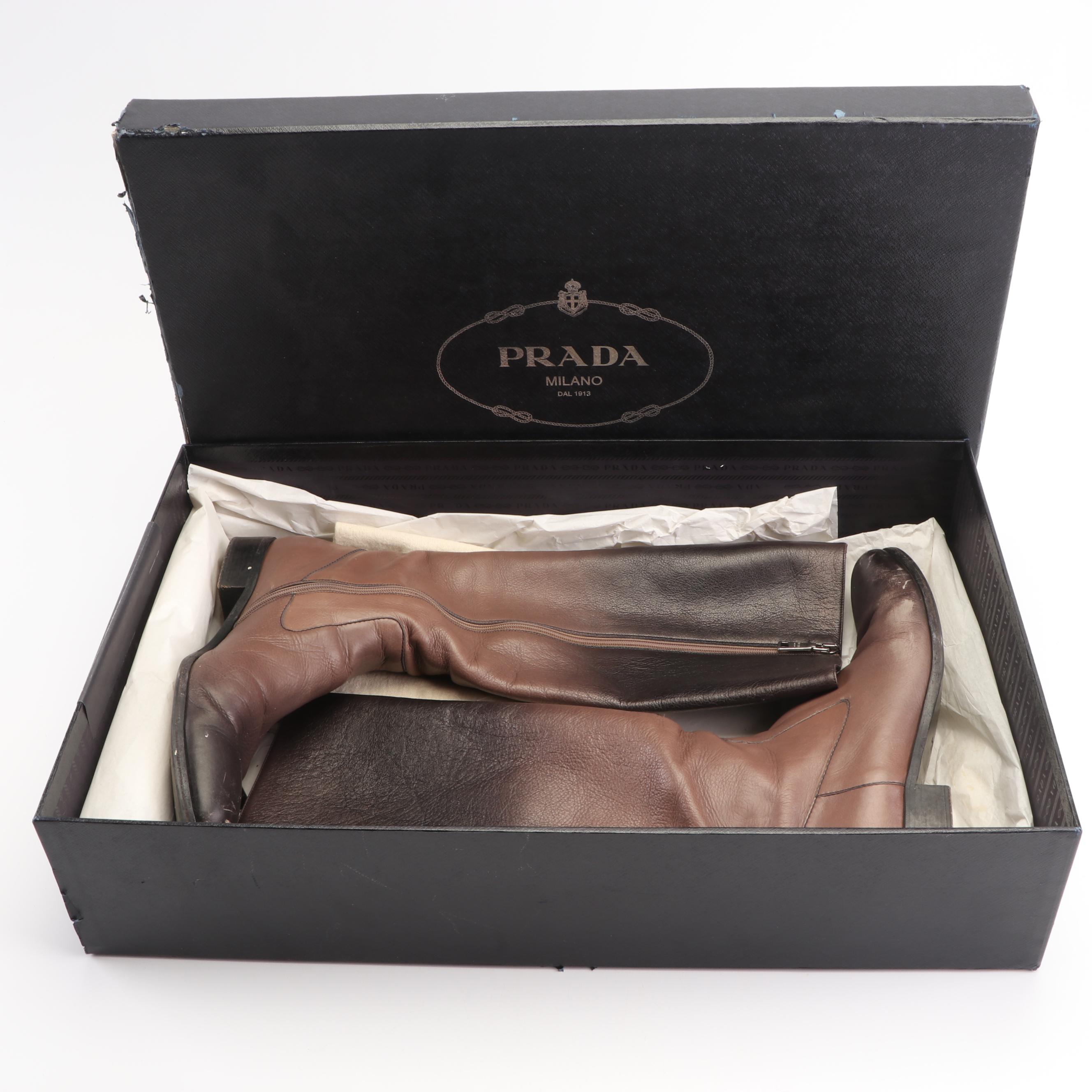 Prada Ombré Collection Brown Leather Mid-Calf Boots, Made in Italy