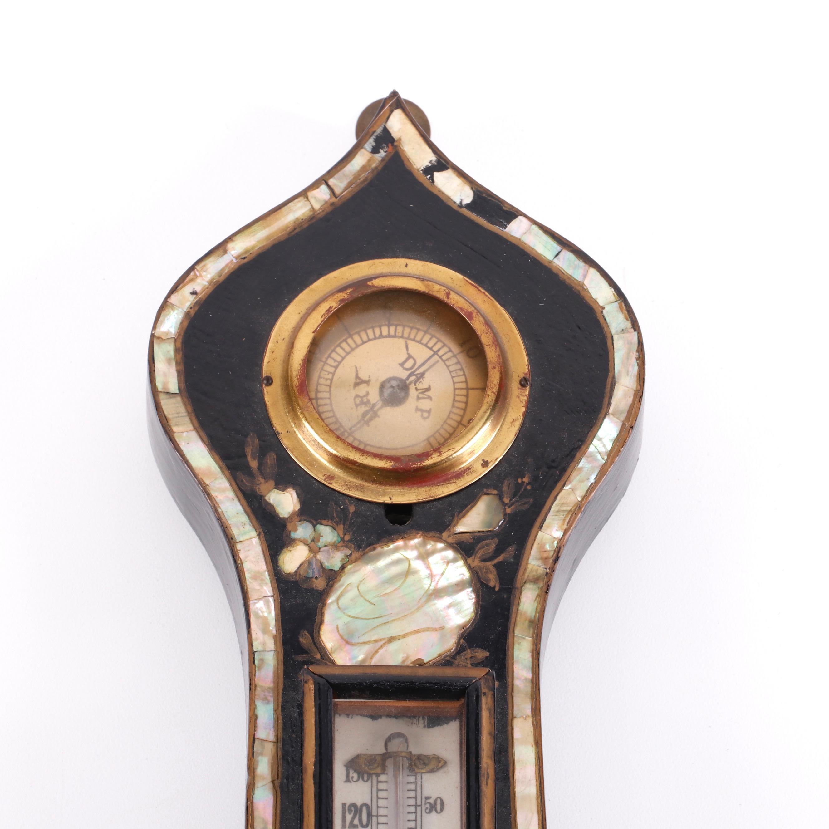 J.J. Lockwood Ebonized Wood Victorian Wheel Barometer with Mother-of-Pearl Inlay