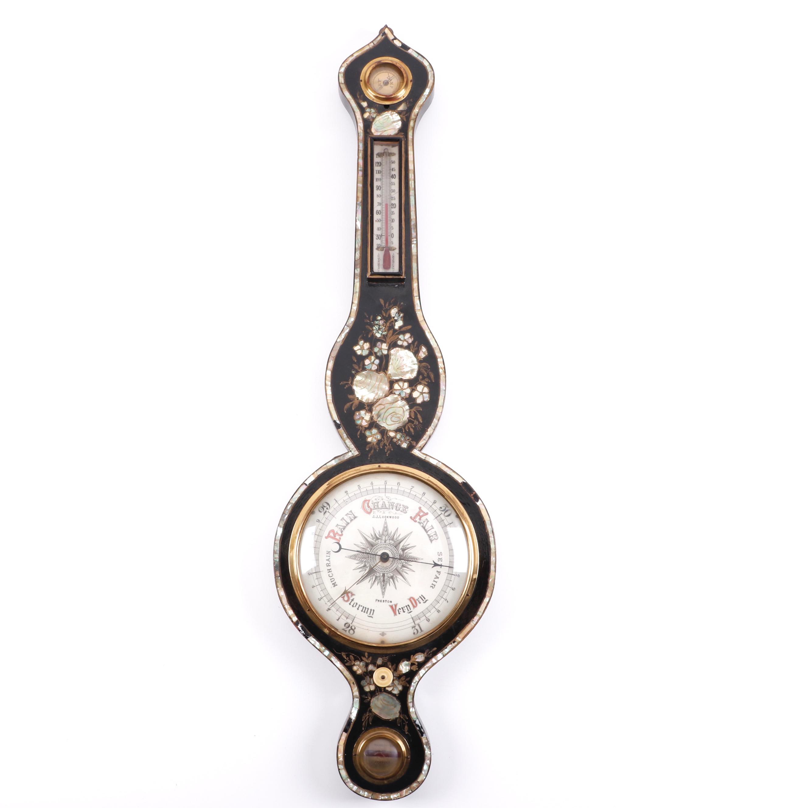 J.J. Lockwood Ebonized Wood Victorian Wheel Barometer with Mother-of-Pearl Inlay
