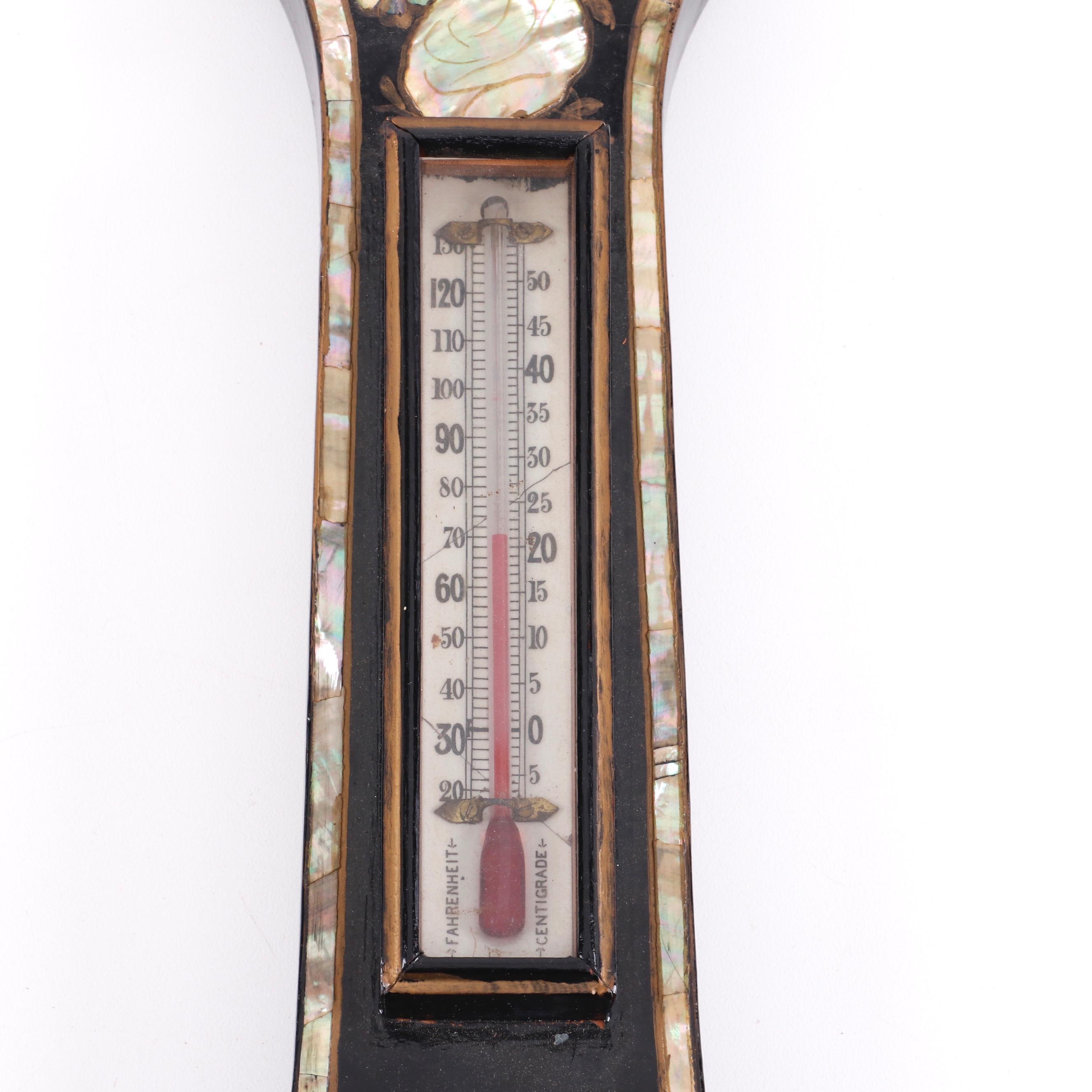 J.J. Lockwood Ebonized Wood Victorian Wheel Barometer with Mother-of-Pearl Inlay