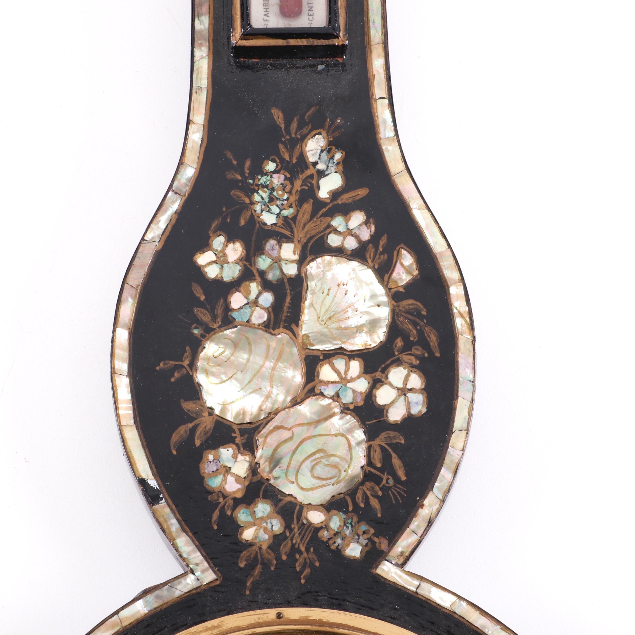 J.J. Lockwood Ebonized Wood Victorian Wheel Barometer with Mother-of-Pearl Inlay