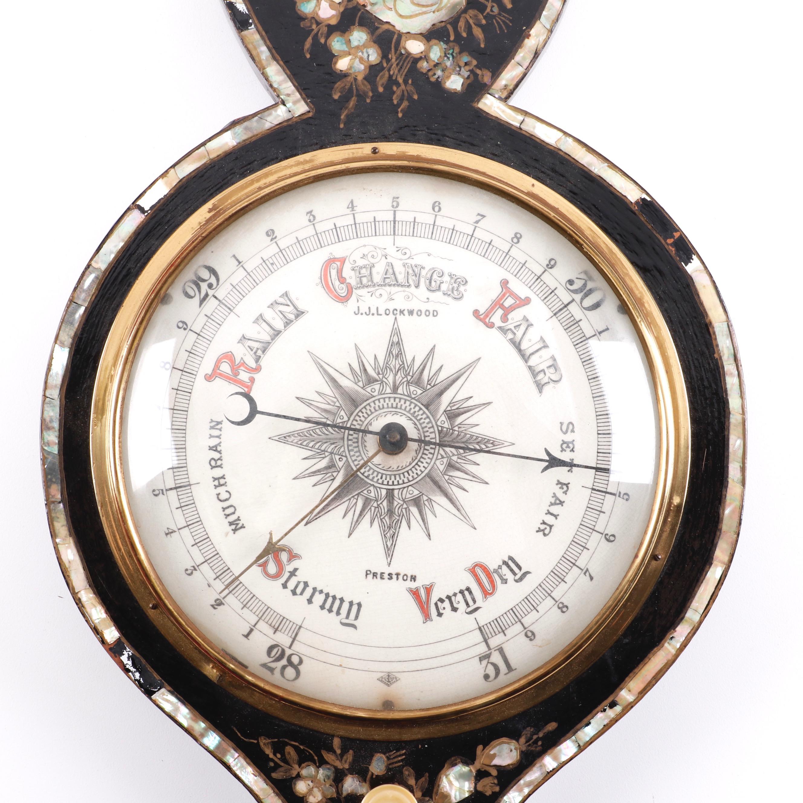 J.J. Lockwood Ebonized Wood Victorian Wheel Barometer with Mother-of-Pearl Inlay