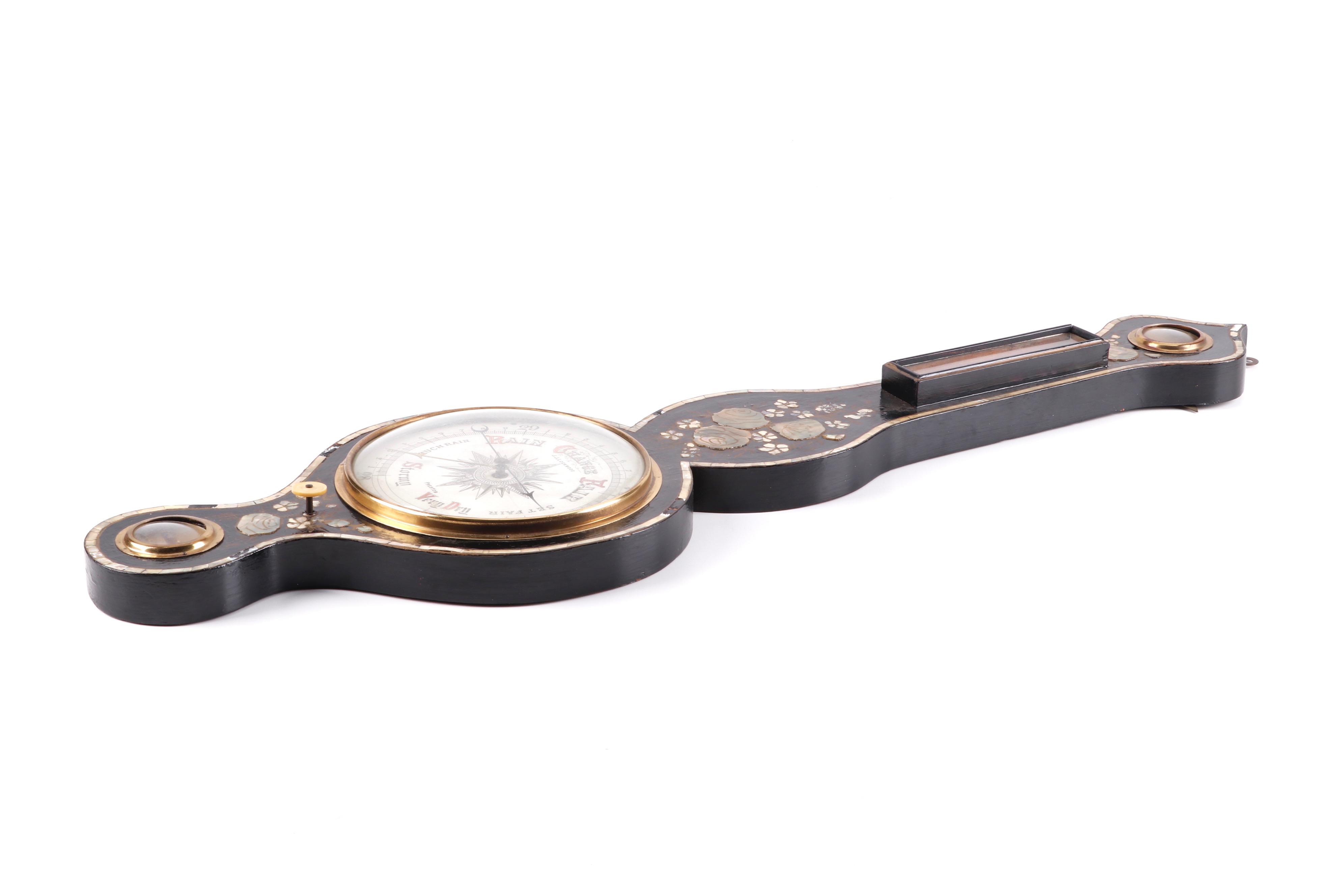 J.J. Lockwood Ebonized Wood Victorian Wheel Barometer with Mother-of-Pearl Inlay