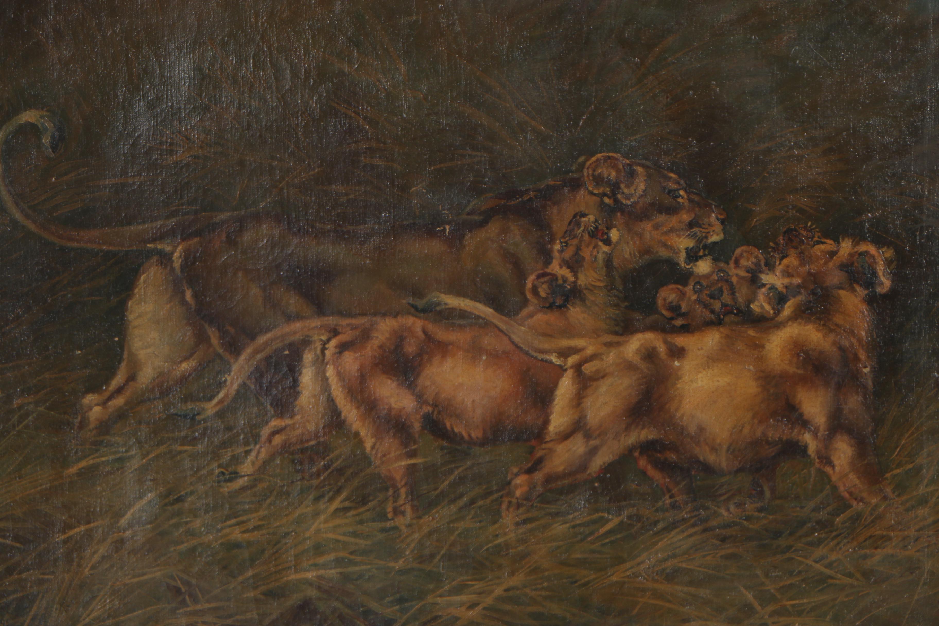 Paul Herzel 1912 Wildlife Oil Painting of Lions