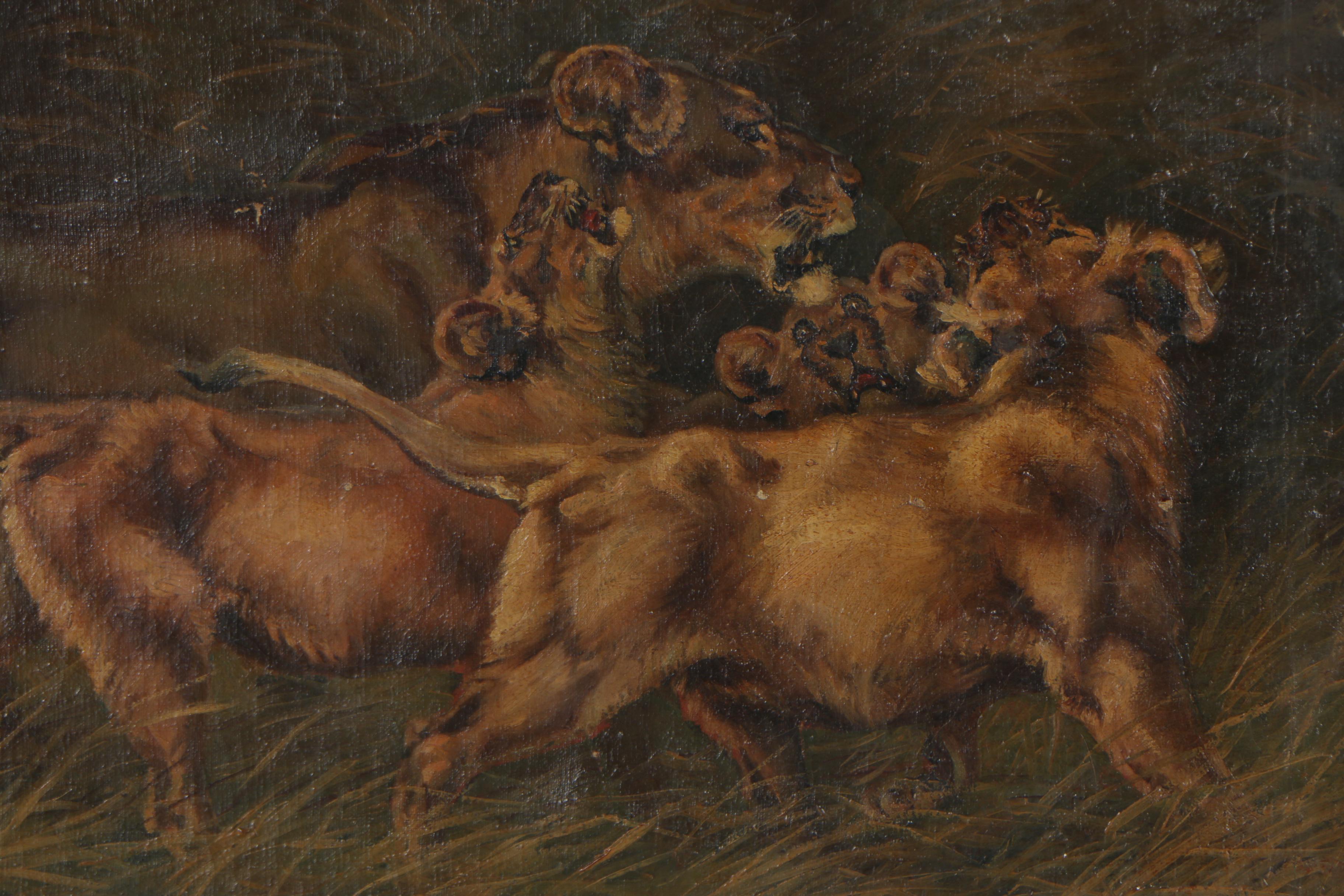 Paul Herzel 1912 Wildlife Oil Painting of Lions