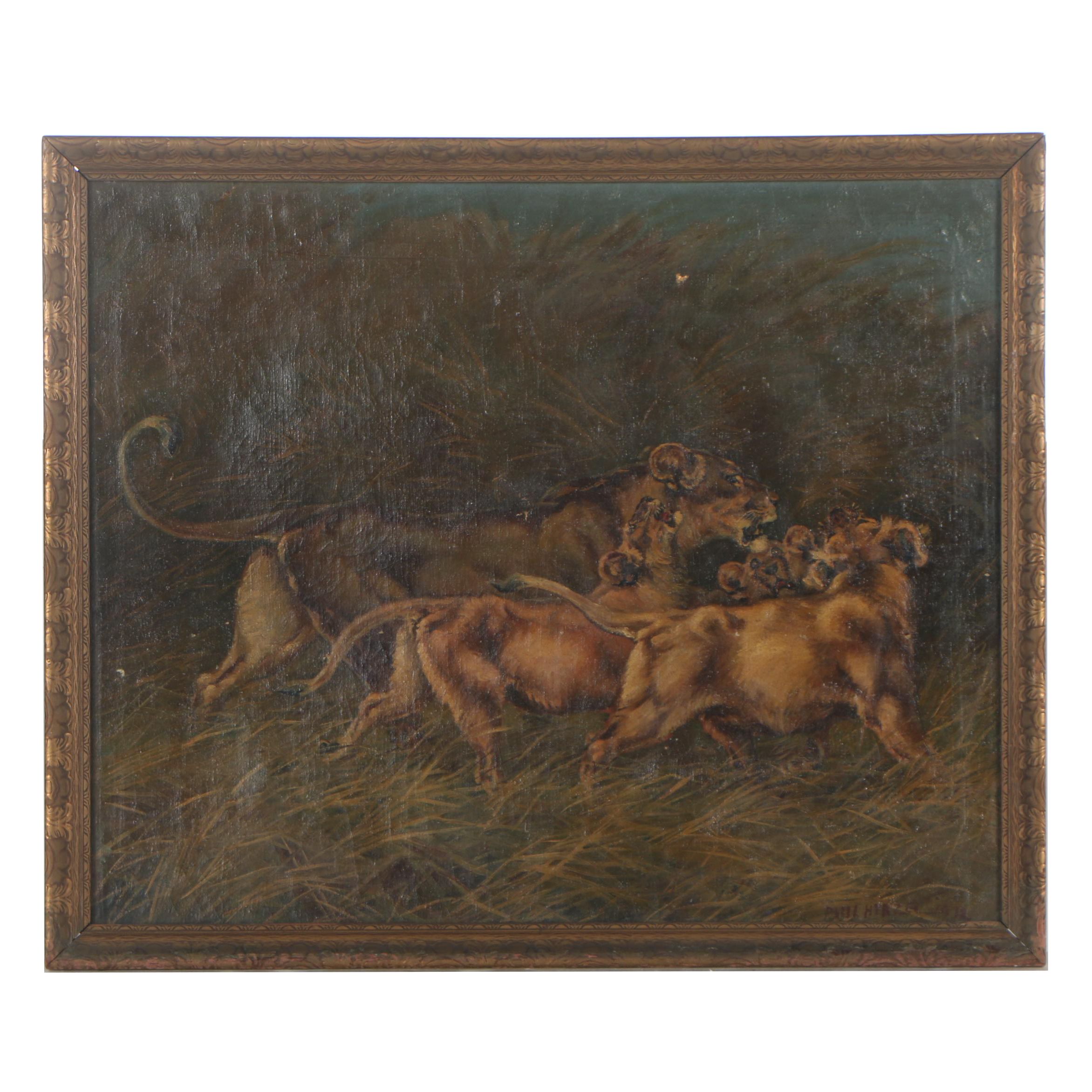 Paul Herzel 1912 Wildlife Oil Painting of Lions