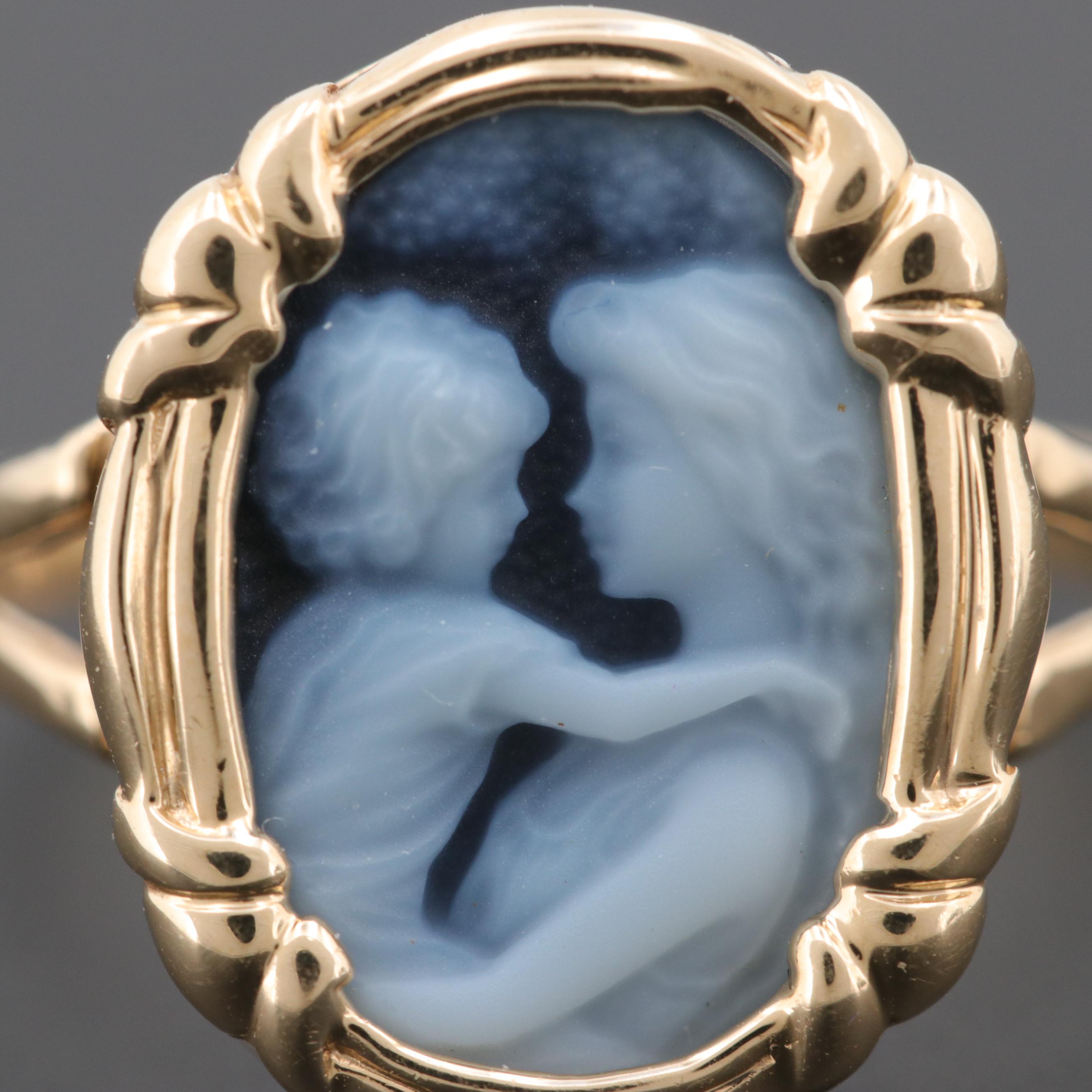 14K Yellow Gold Onyx Carved Cameo Mother and Child Ring