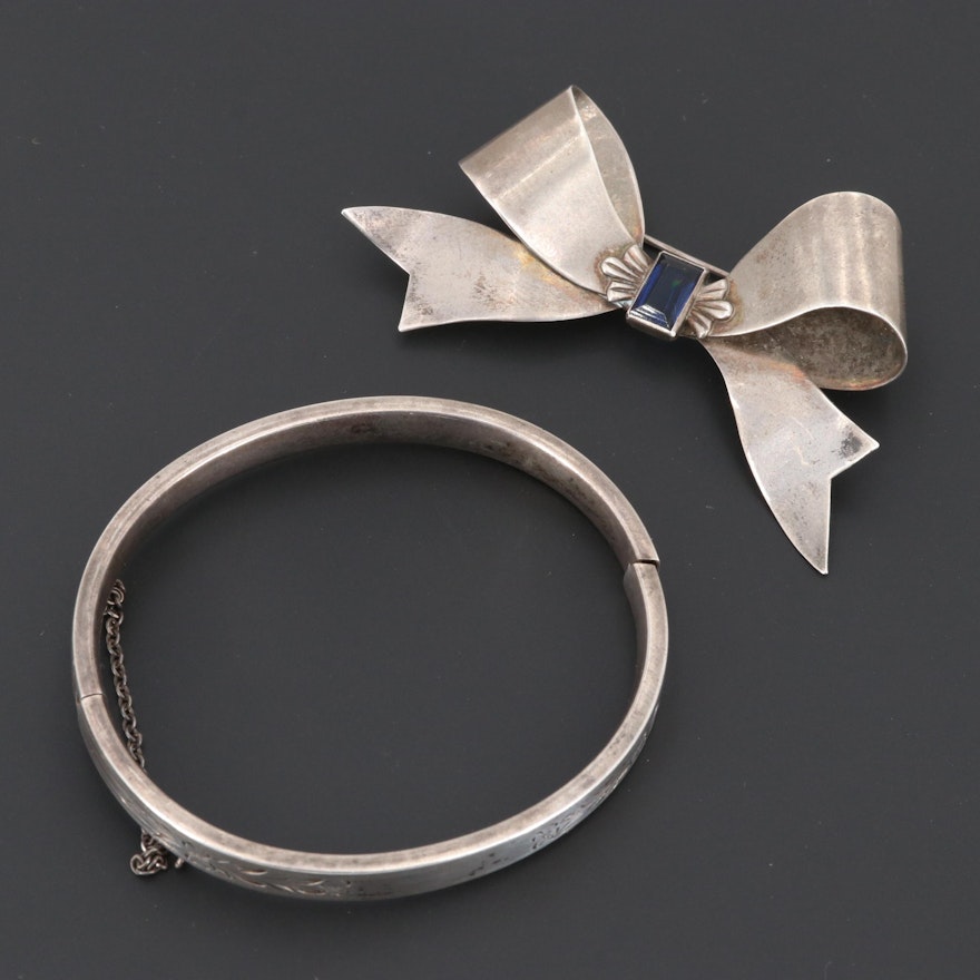 Circa 1930s Sterling Silver Hinged Bangle Bracelet and Glass Bow Brooch