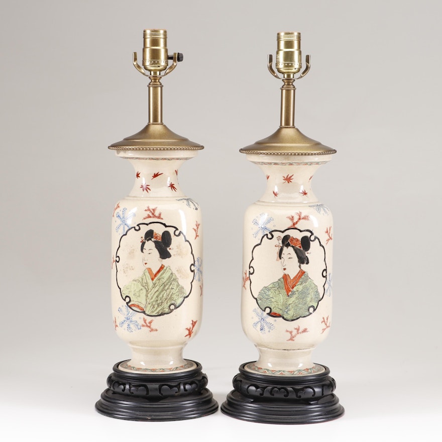 Japanese Hand-Painted Satsuma Table Lamps