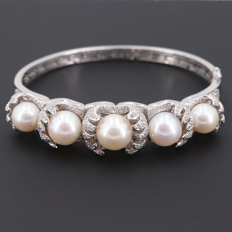 18K White Gold Cultured Pearl and 2.54 CTW Diamond Bracelet