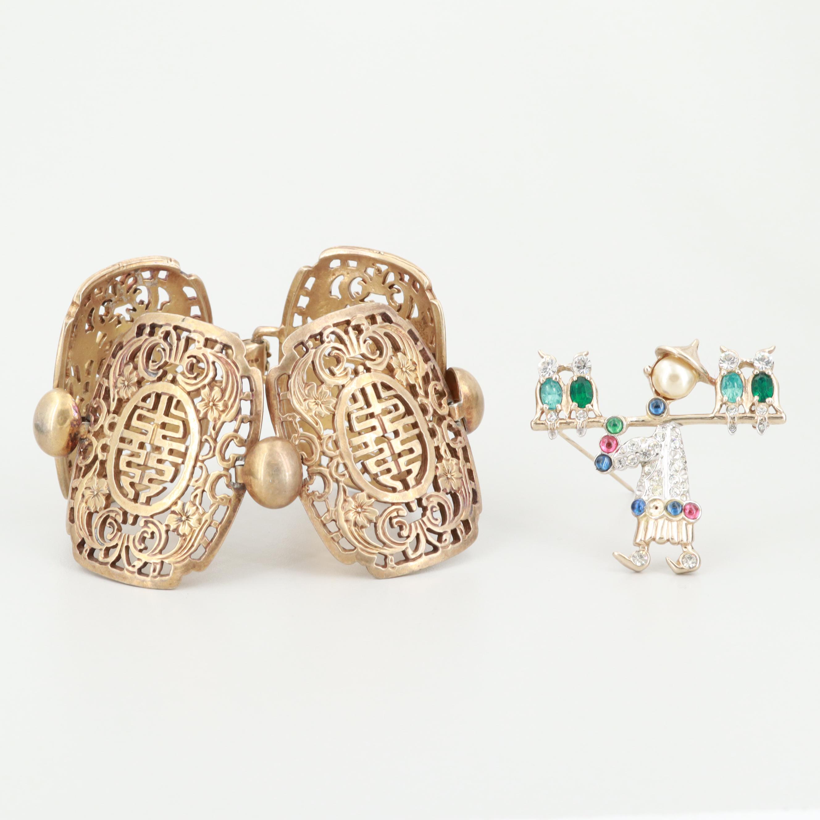 Vintage Asian Motif Halbe Glass and Imitation Pearl Brooch and Napier Bracelet