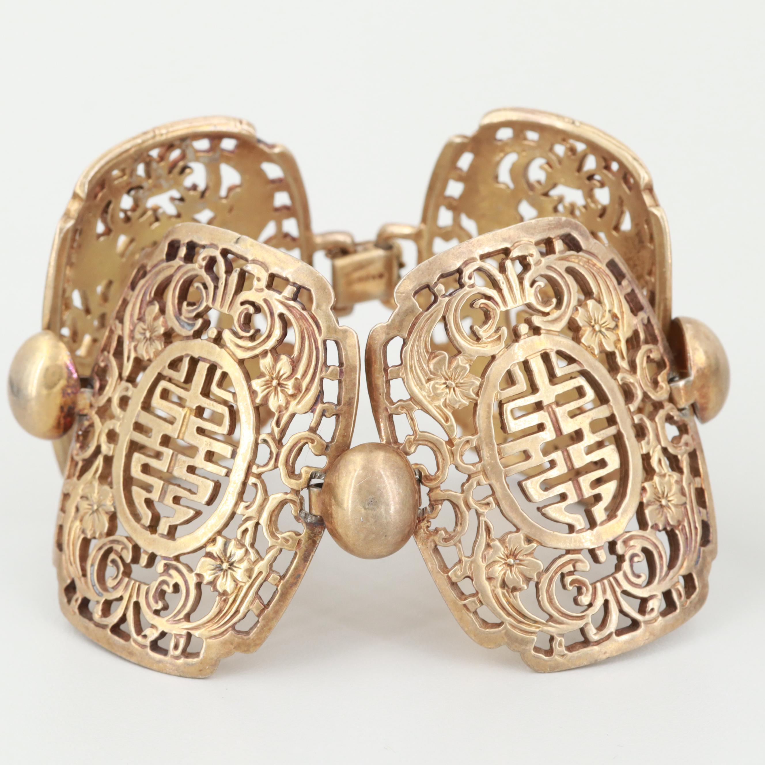 Vintage Asian Motif Halbe Glass and Imitation Pearl Brooch and Napier Bracelet