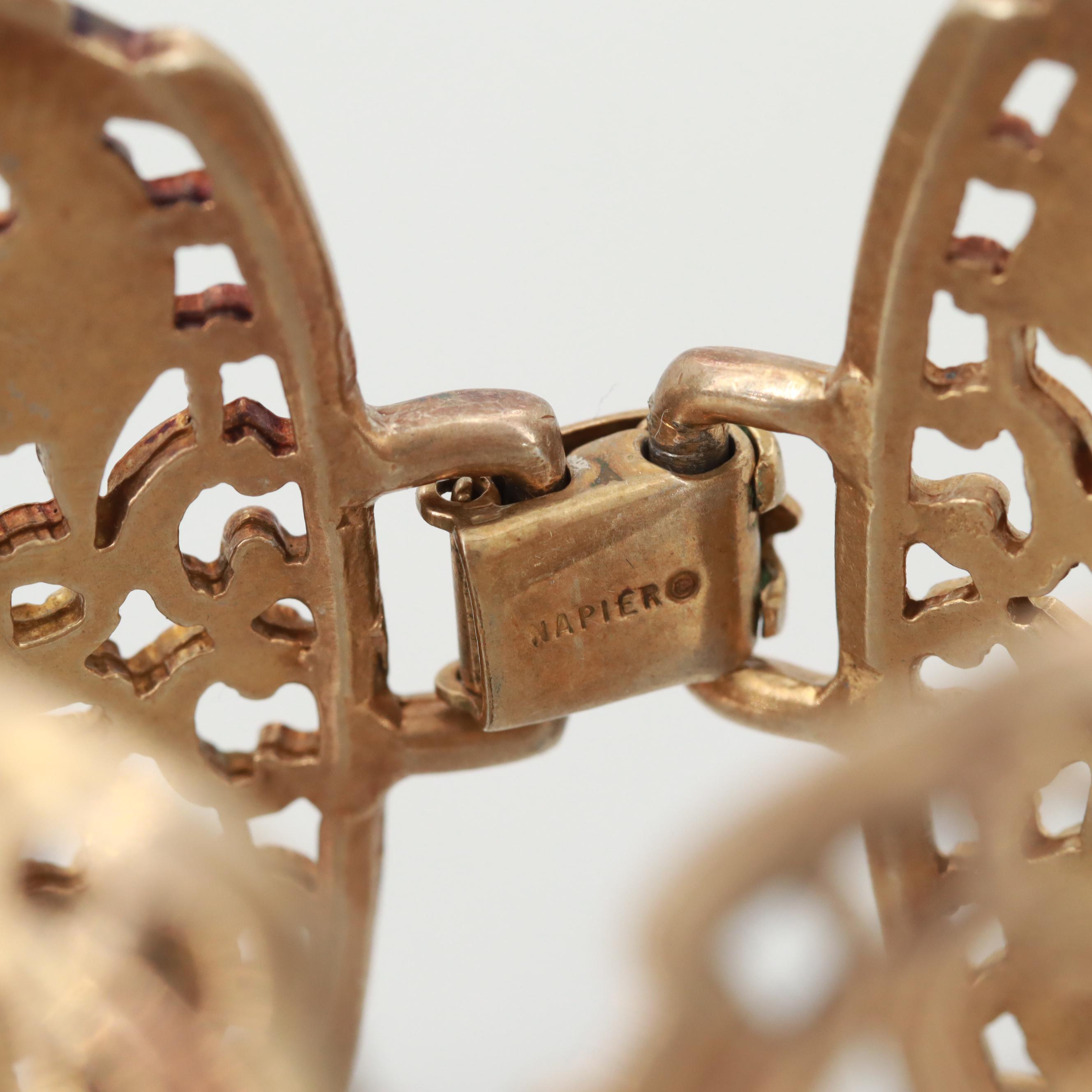 Vintage Asian Motif Halbe Glass and Imitation Pearl Brooch and Napier Bracelet