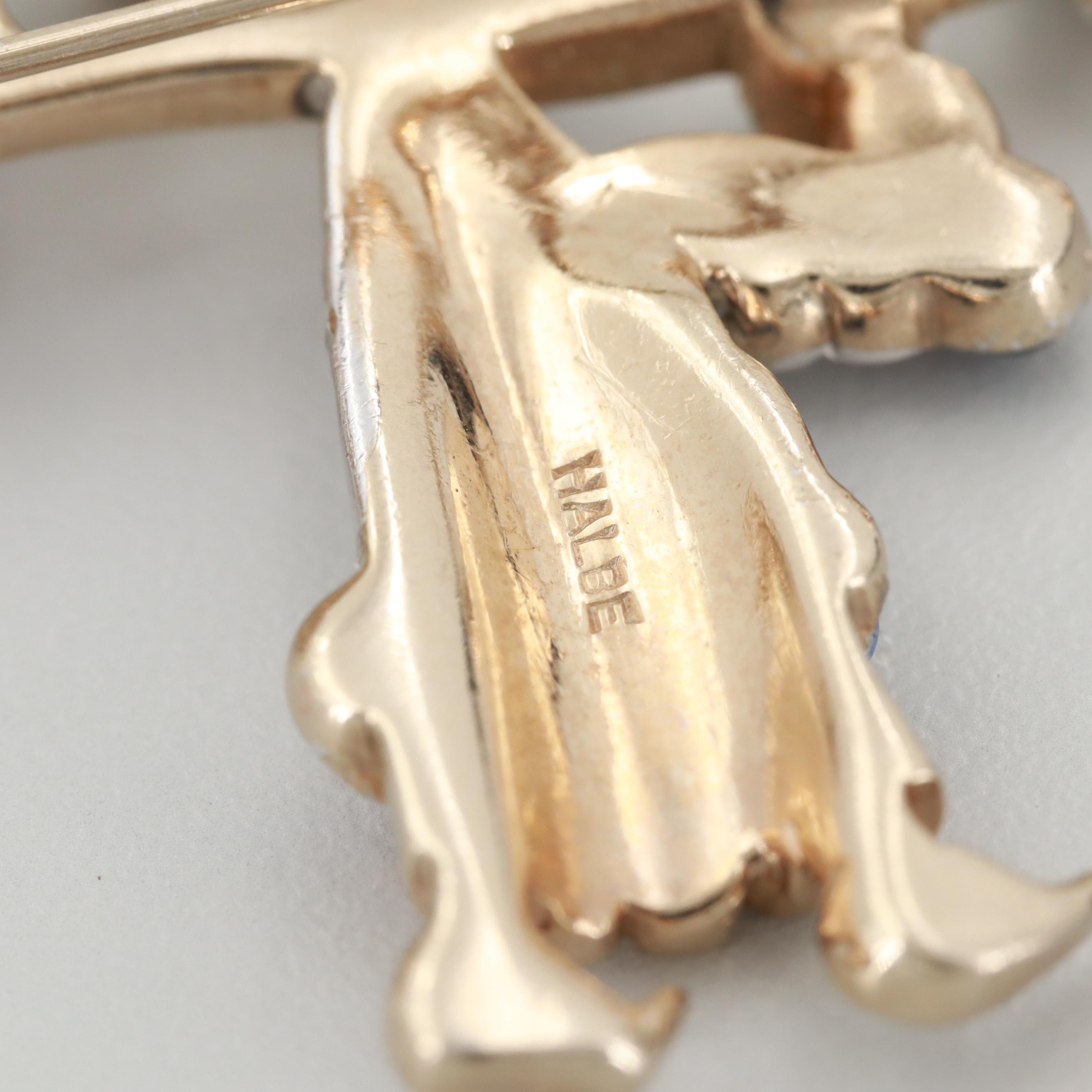 Vintage Asian Motif Halbe Glass and Imitation Pearl Brooch and Napier Bracelet