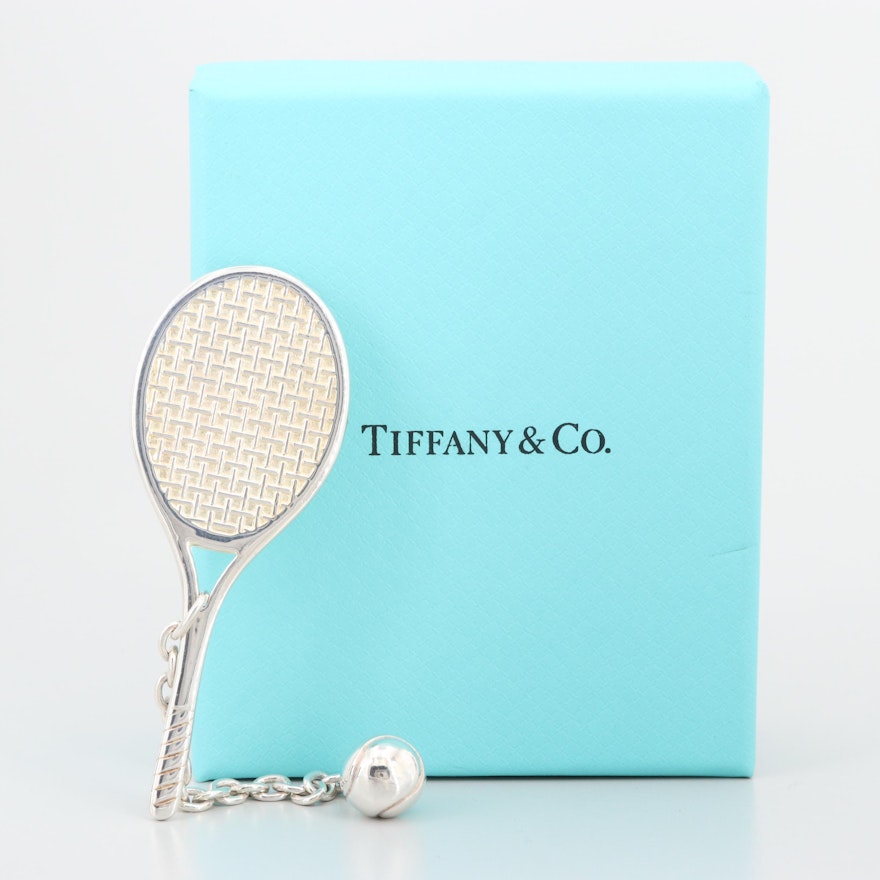 Tiffany & Co Sterling Silver Tennis Racket Key Chain with Pouch and Box