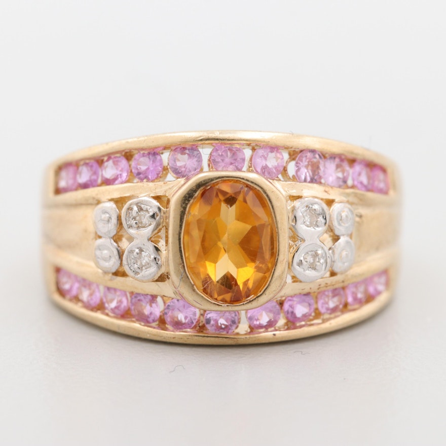 10K Yellow Gold Citrine, Diamond and Sapphire Ring