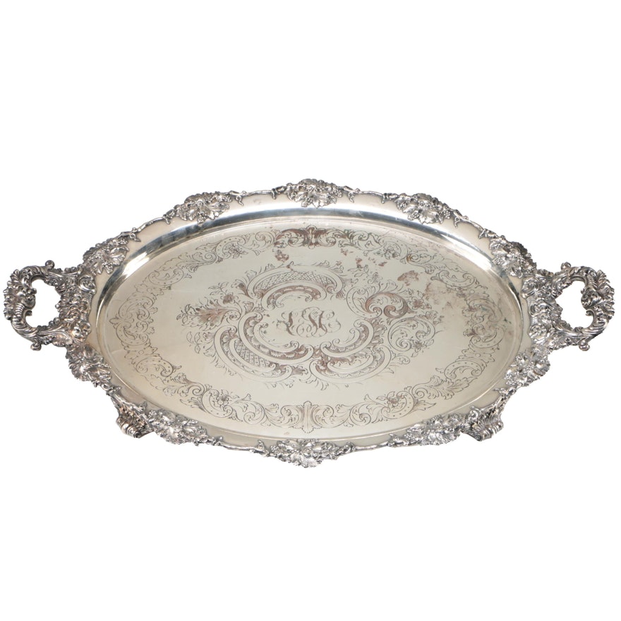 Large Victorian Silver Plate Over Copper Two Handle Tray