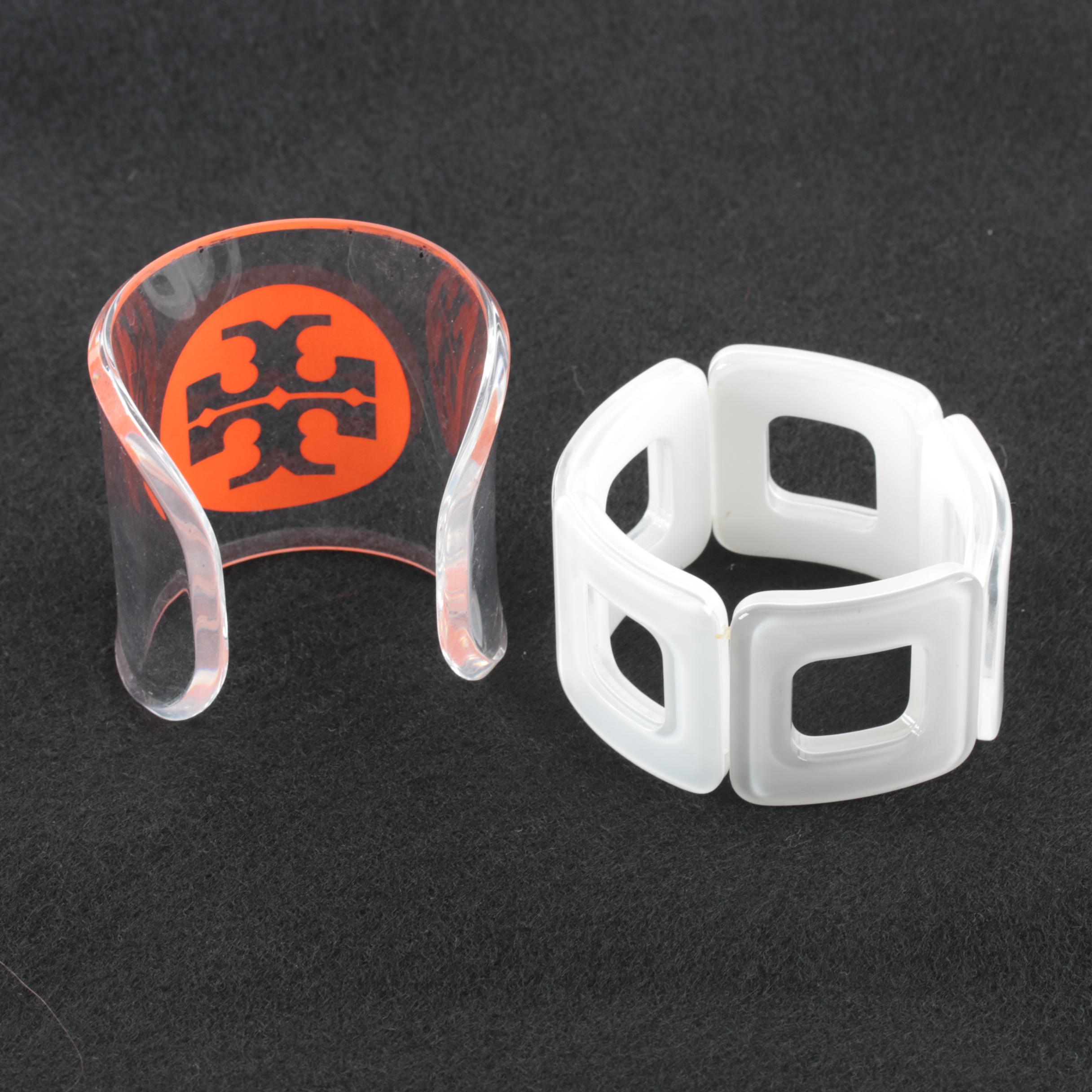 Bakelite Bangle, Mutton Fat Amber Bracelet and Tory Burch Lucite Cuff