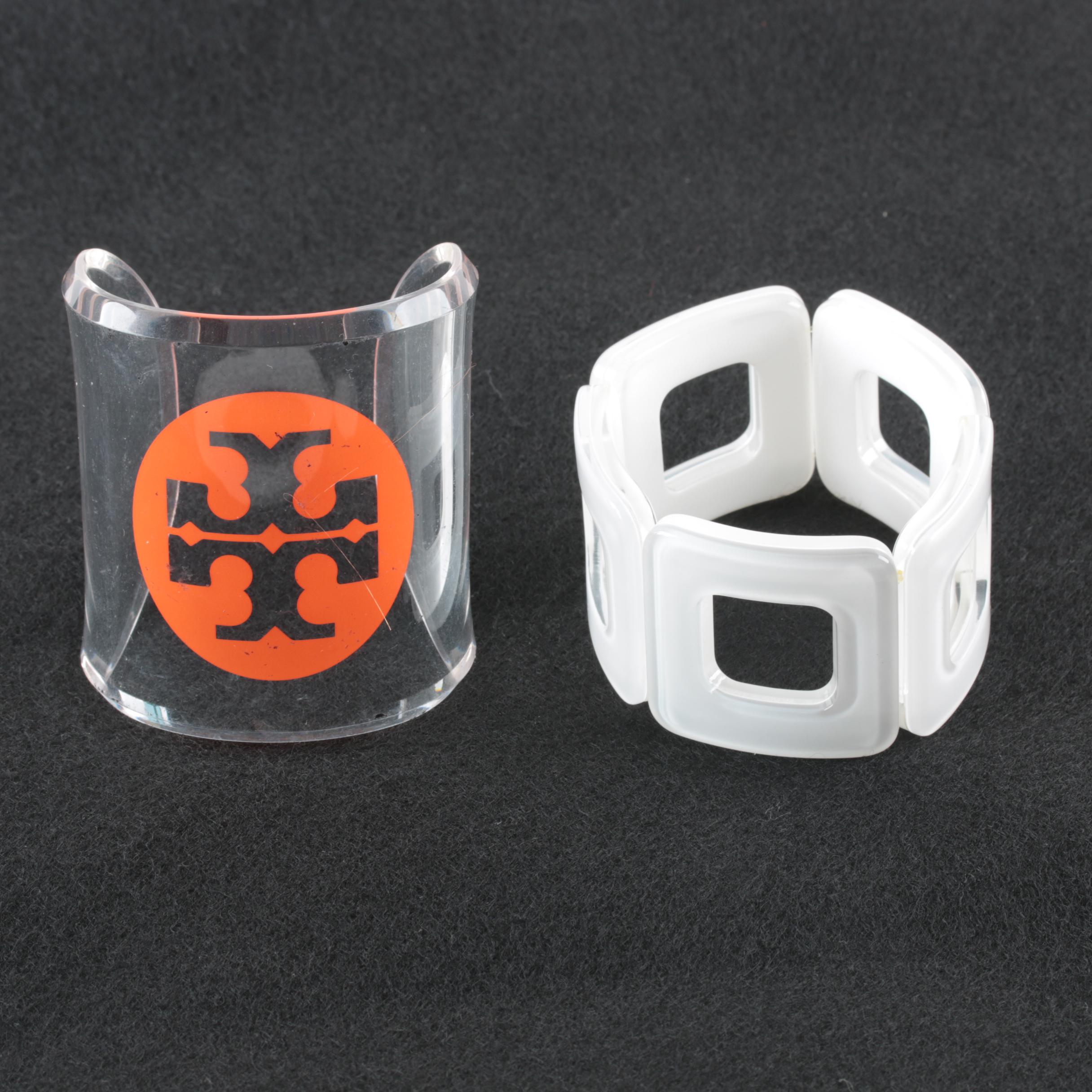 Bakelite Bangle, Mutton Fat Amber Bracelet and Tory Burch Lucite Cuff