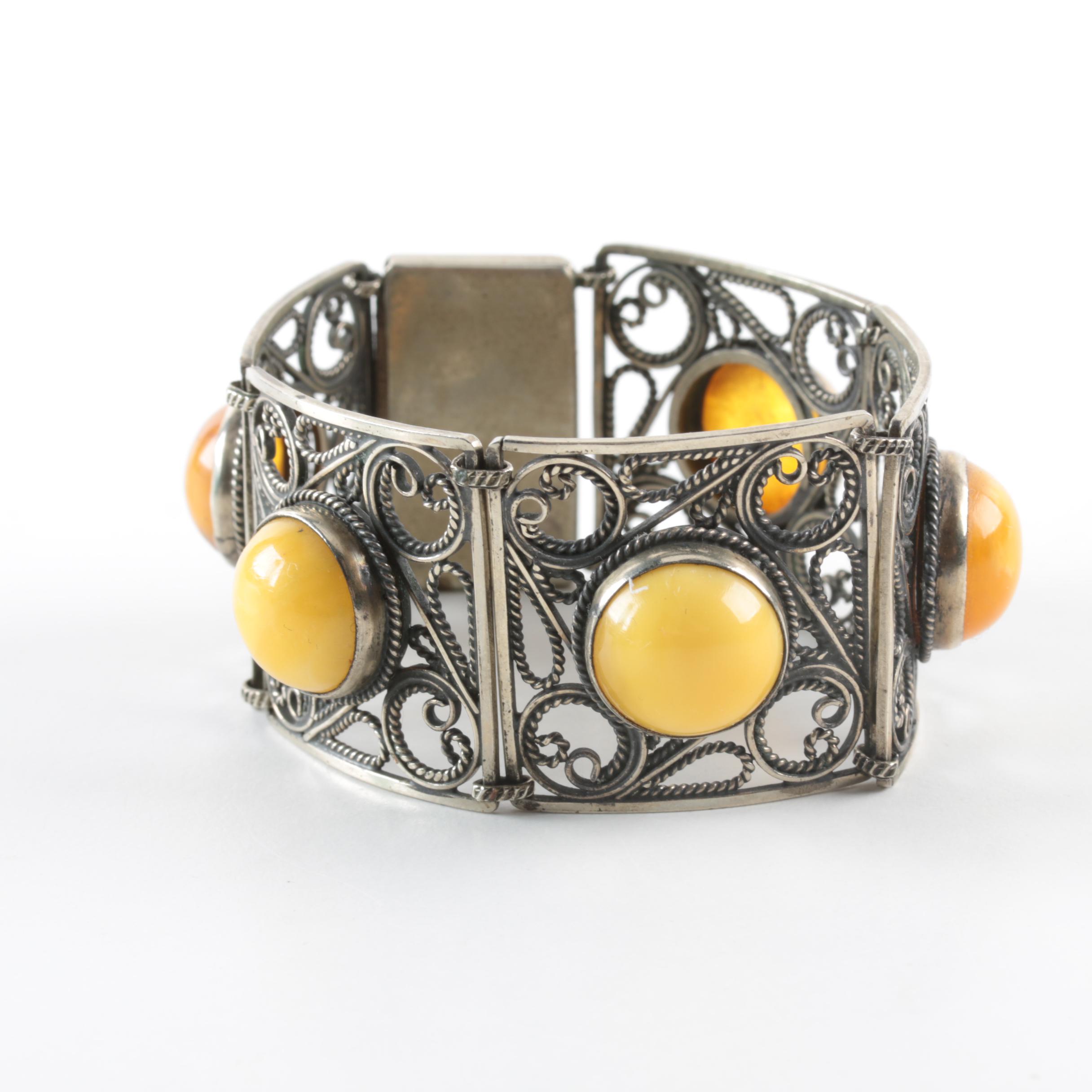 Bakelite Bangle, Mutton Fat Amber Bracelet and Tory Burch Lucite Cuff